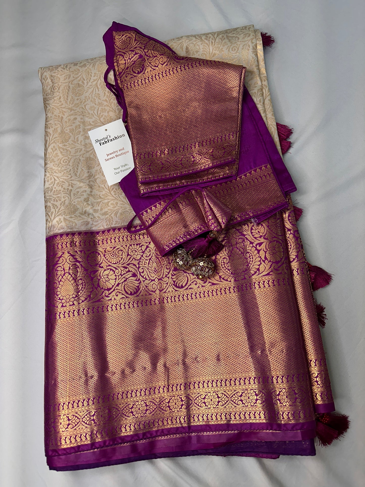 Kanchi Brocade Soft Silk Off white Purple Saree