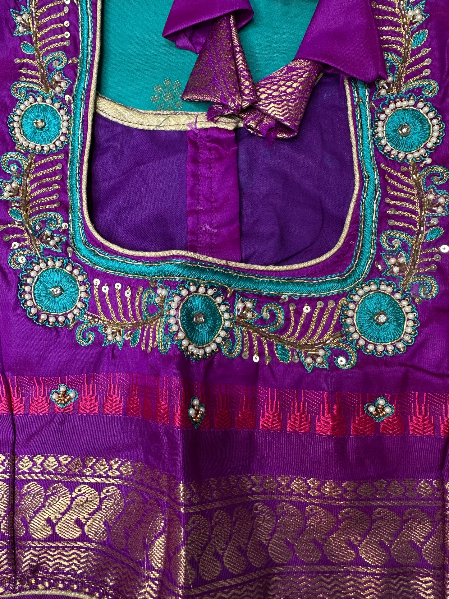 Small Border Semi Gadwal Silk Green Magenta Saree