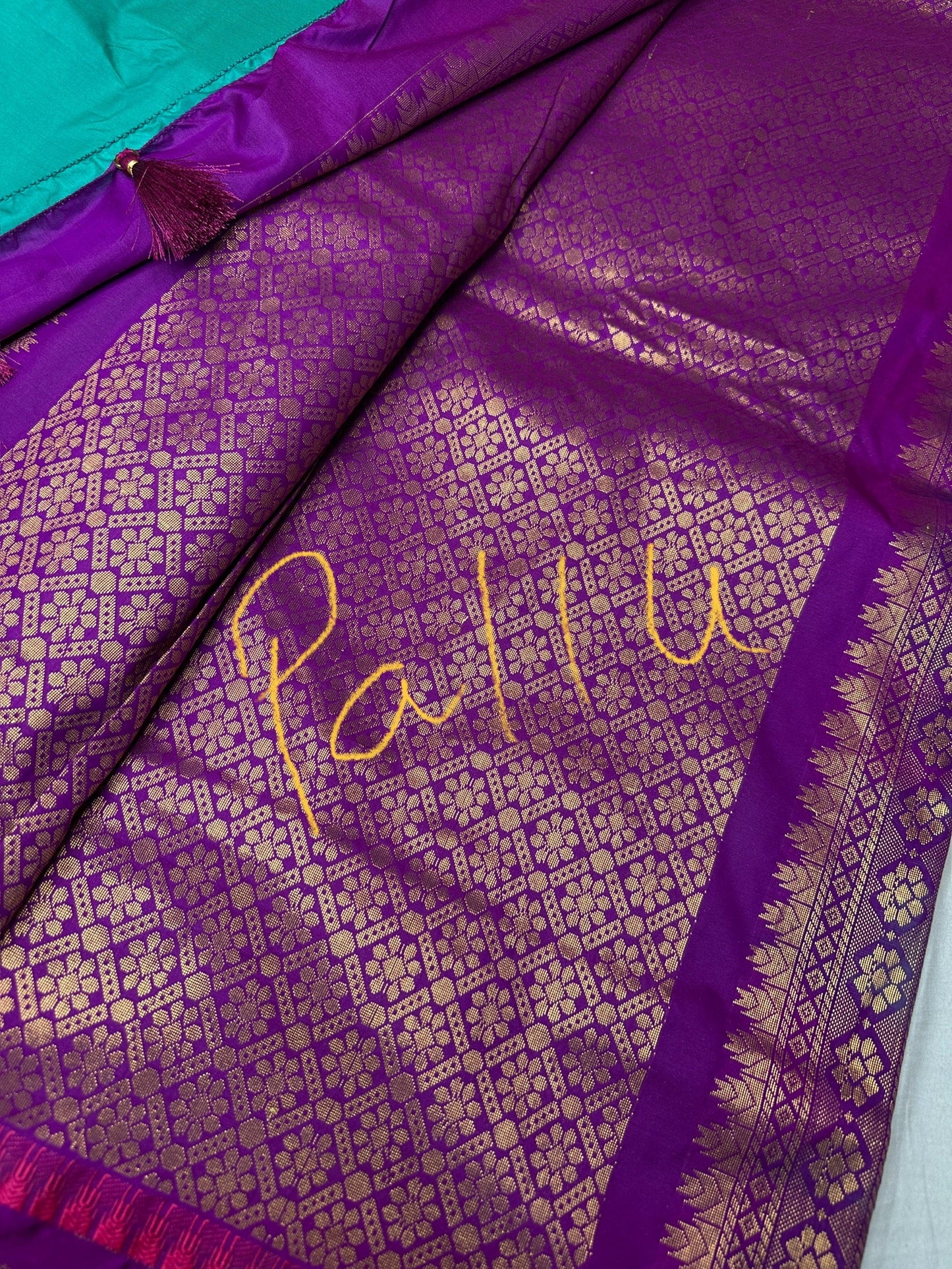 Small Border Semi Gadwal Silk Green Magenta Saree