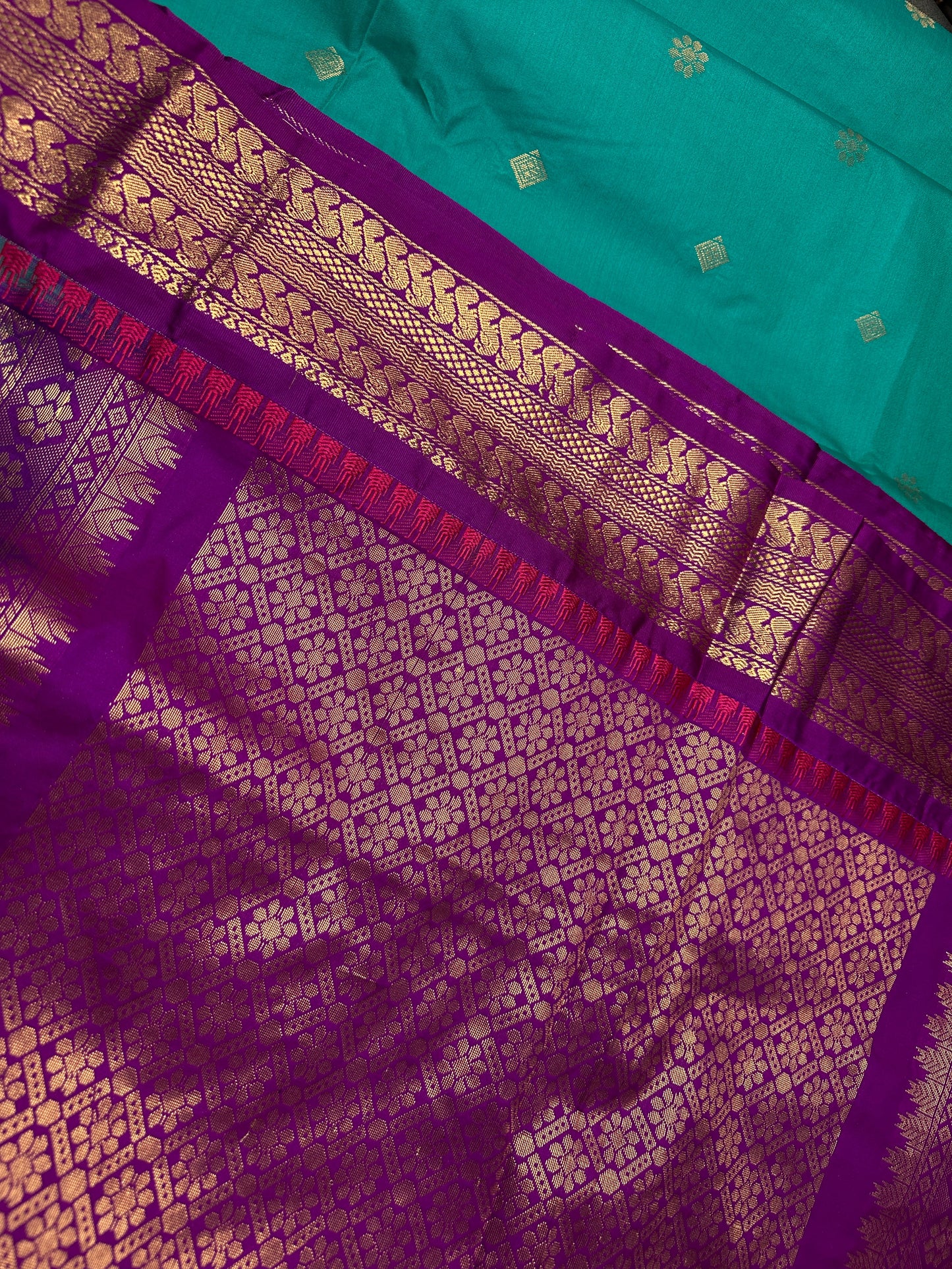 Small Border Semi Gadwal Silk Green Magenta Saree