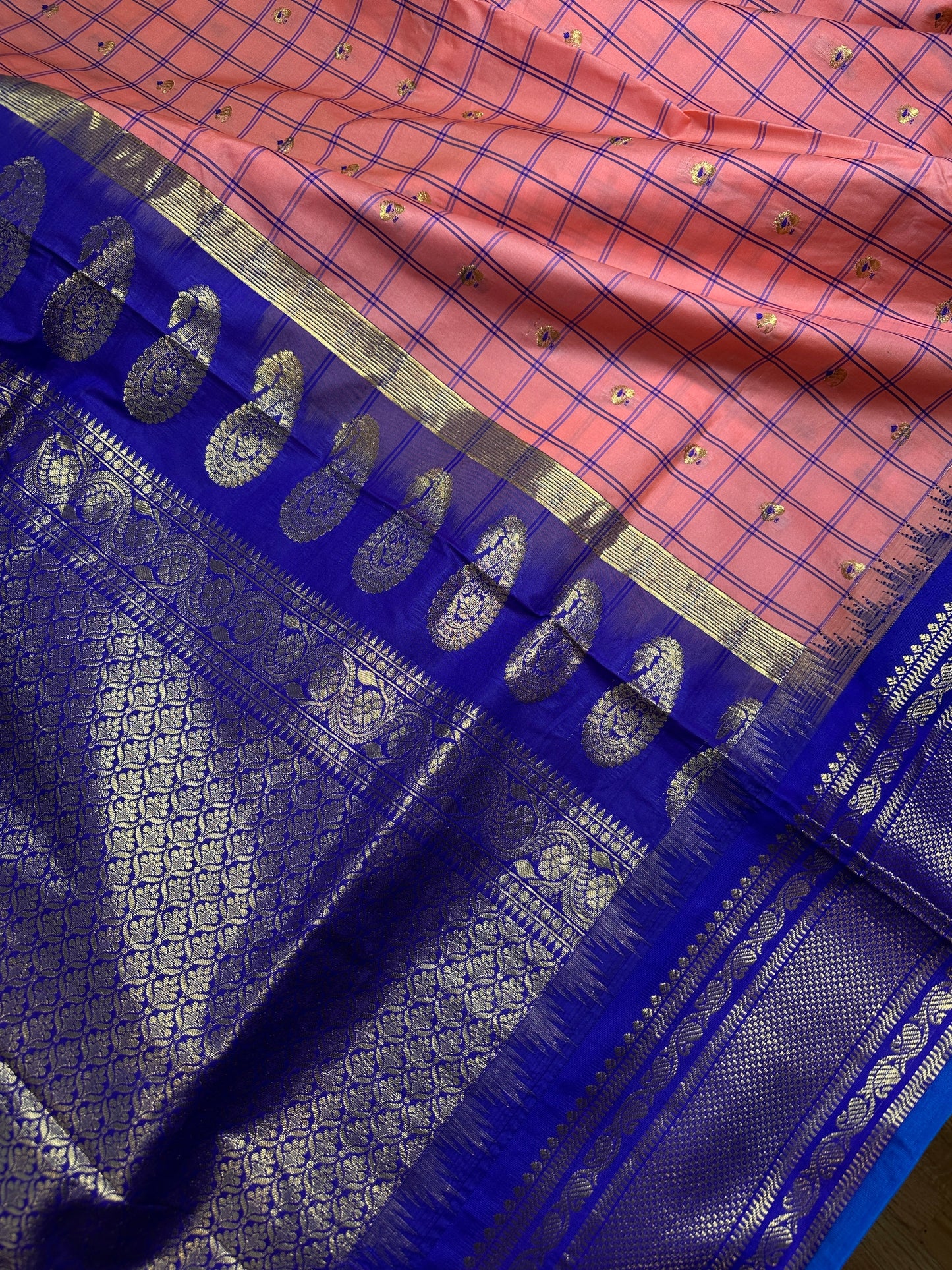 Gadwal Silk Pink Blue Checks Saree