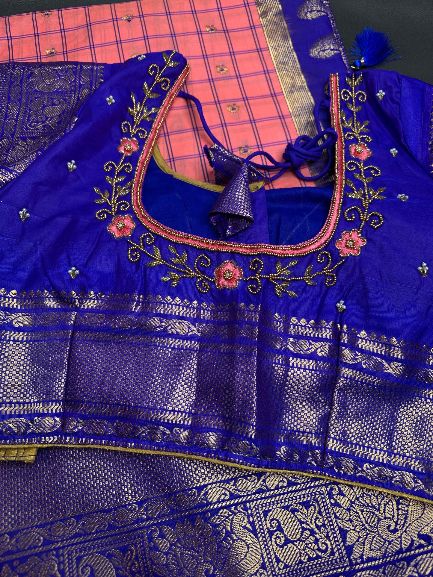 Gadwal Silk Pink Blue Checks Saree