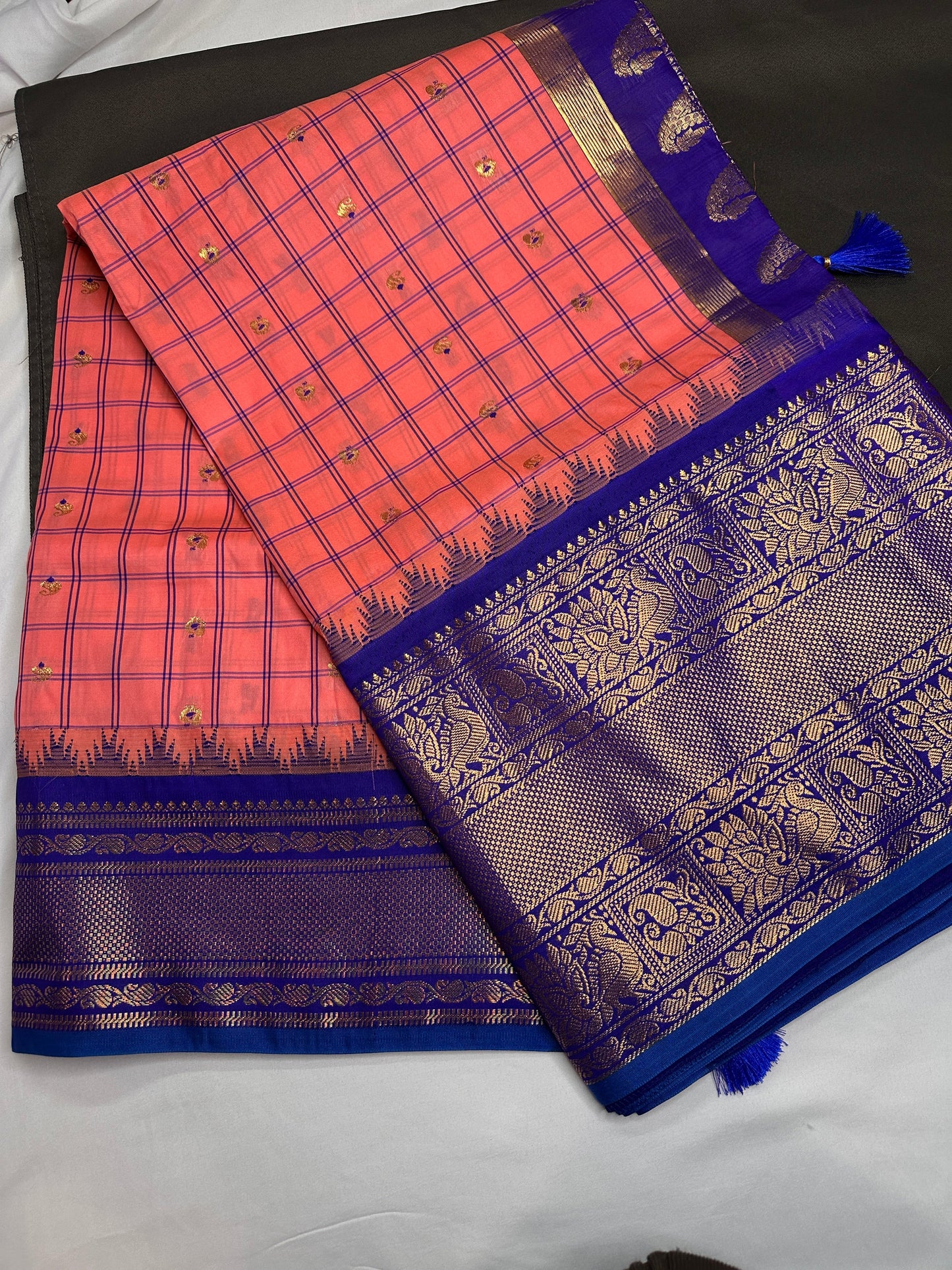 Gadwal Silk Pink Blue Checks Saree