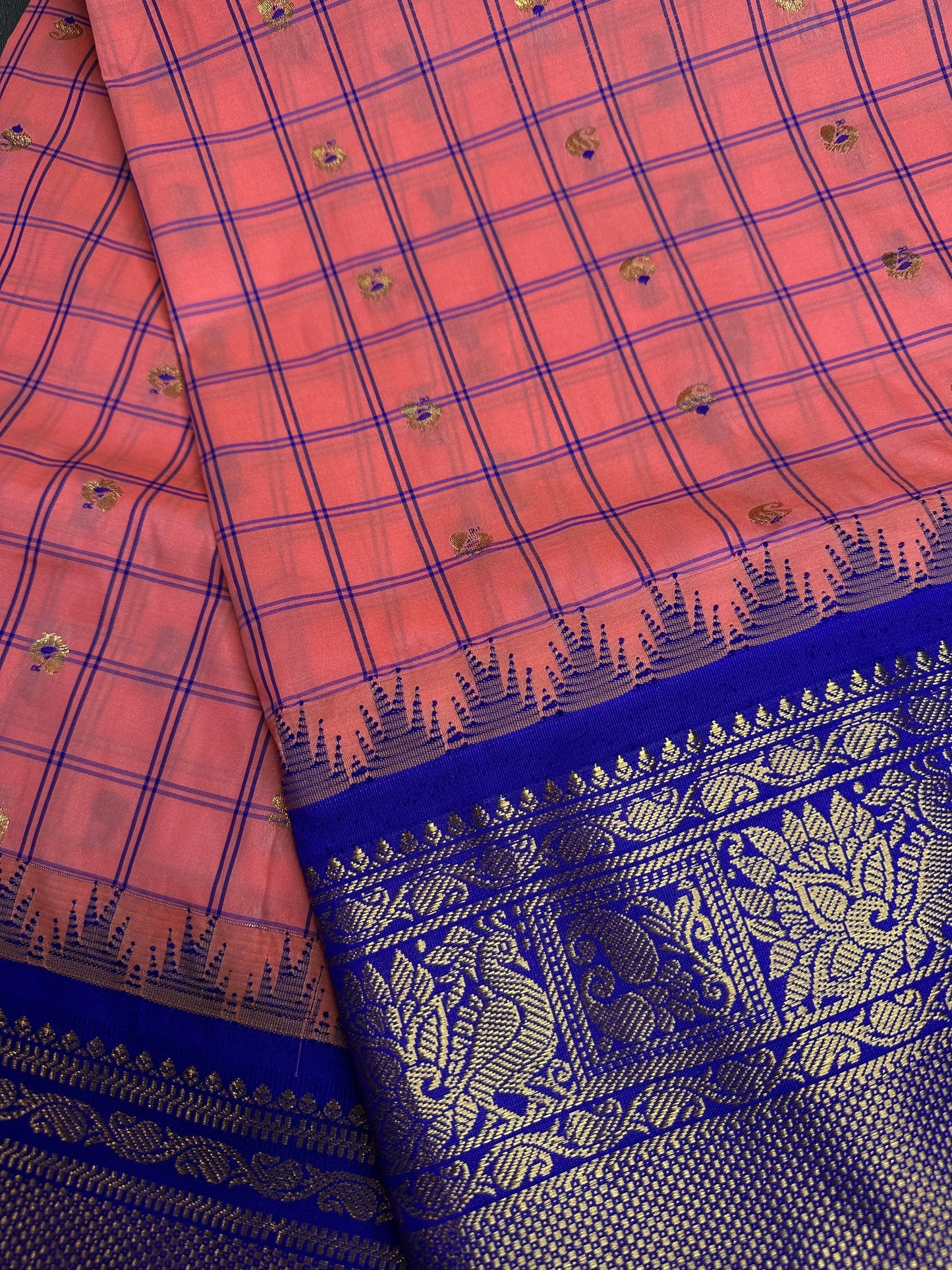 Gadwal Silk Pink Blue Checks Saree