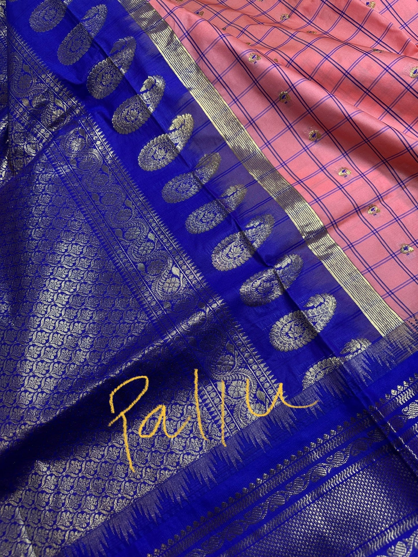 Gadwal Silk Pink Blue Checks Saree
