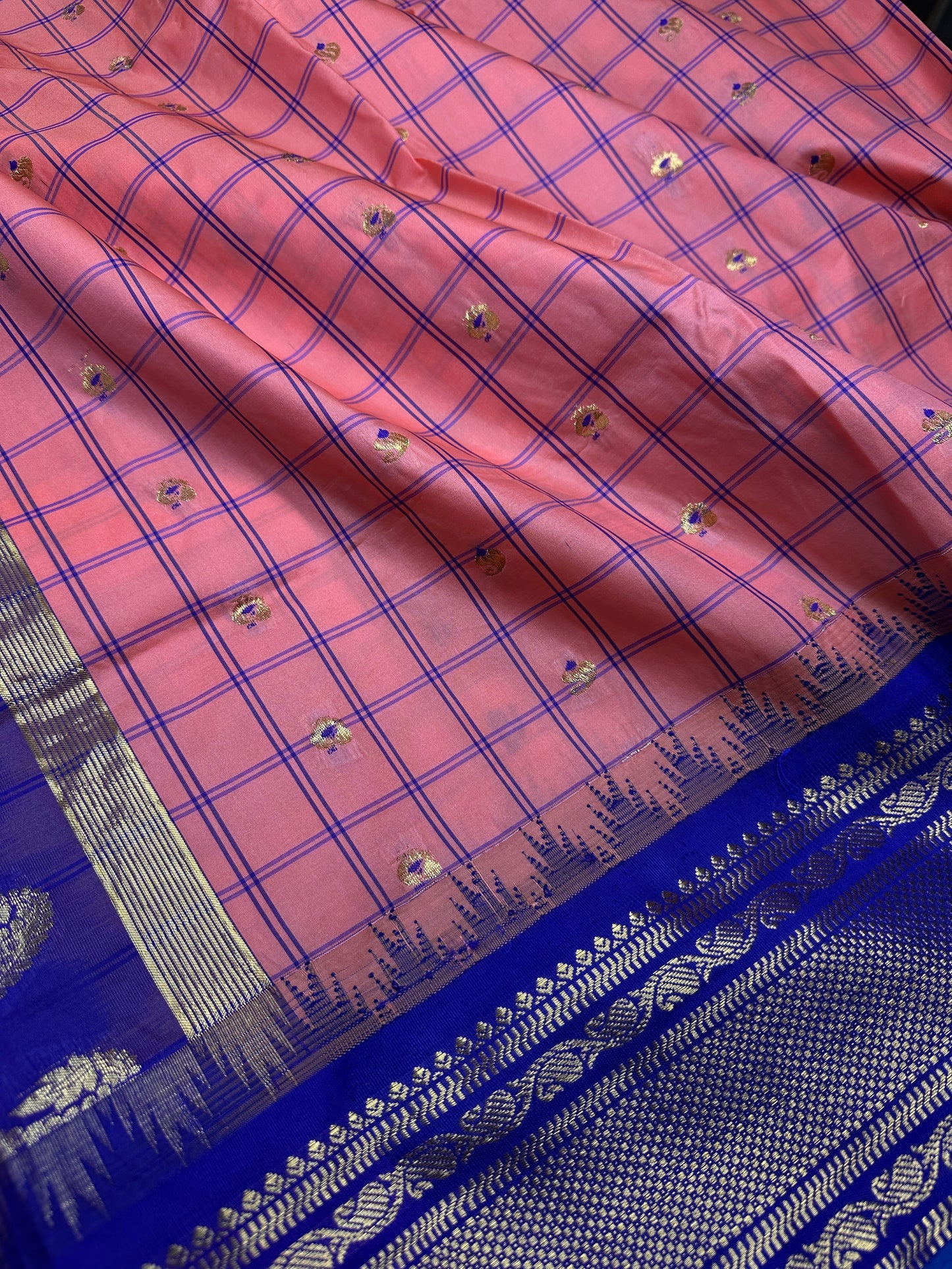 Gadwal Silk Pink Blue Checks Saree