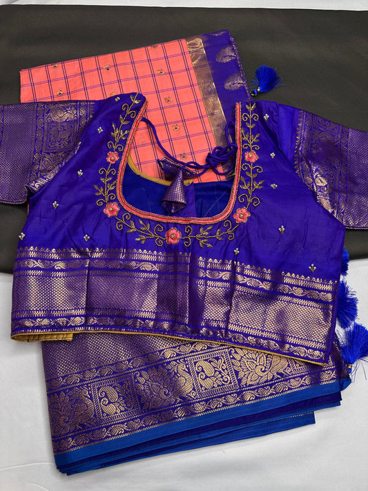 Gadwal Silk Pink Blue Checks Saree