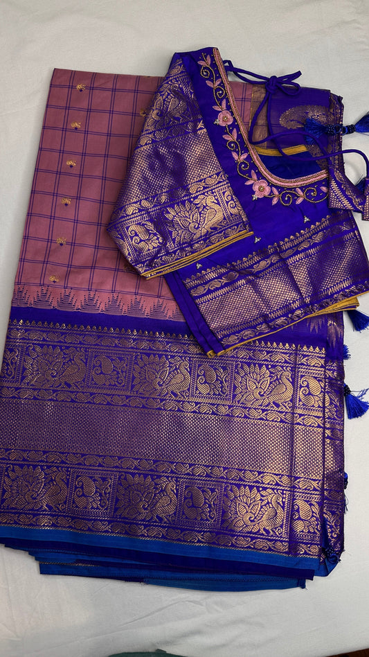 Gadwal Silk Pink Blue Checks Saree - 