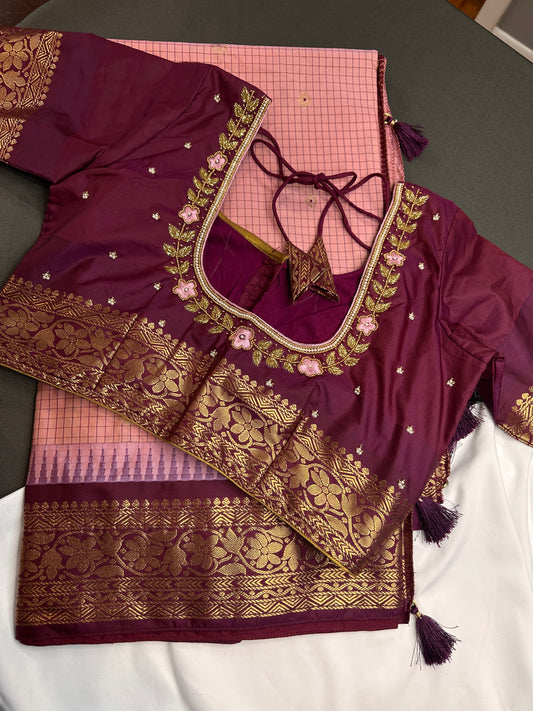 Gadwal Semi Silk Pink Checks Saree