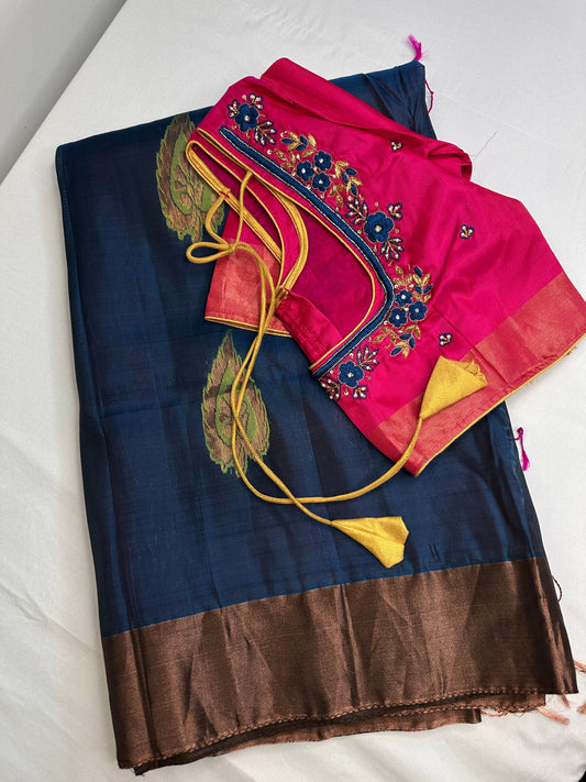 Uppad Semi Silk Blue Pink Saree