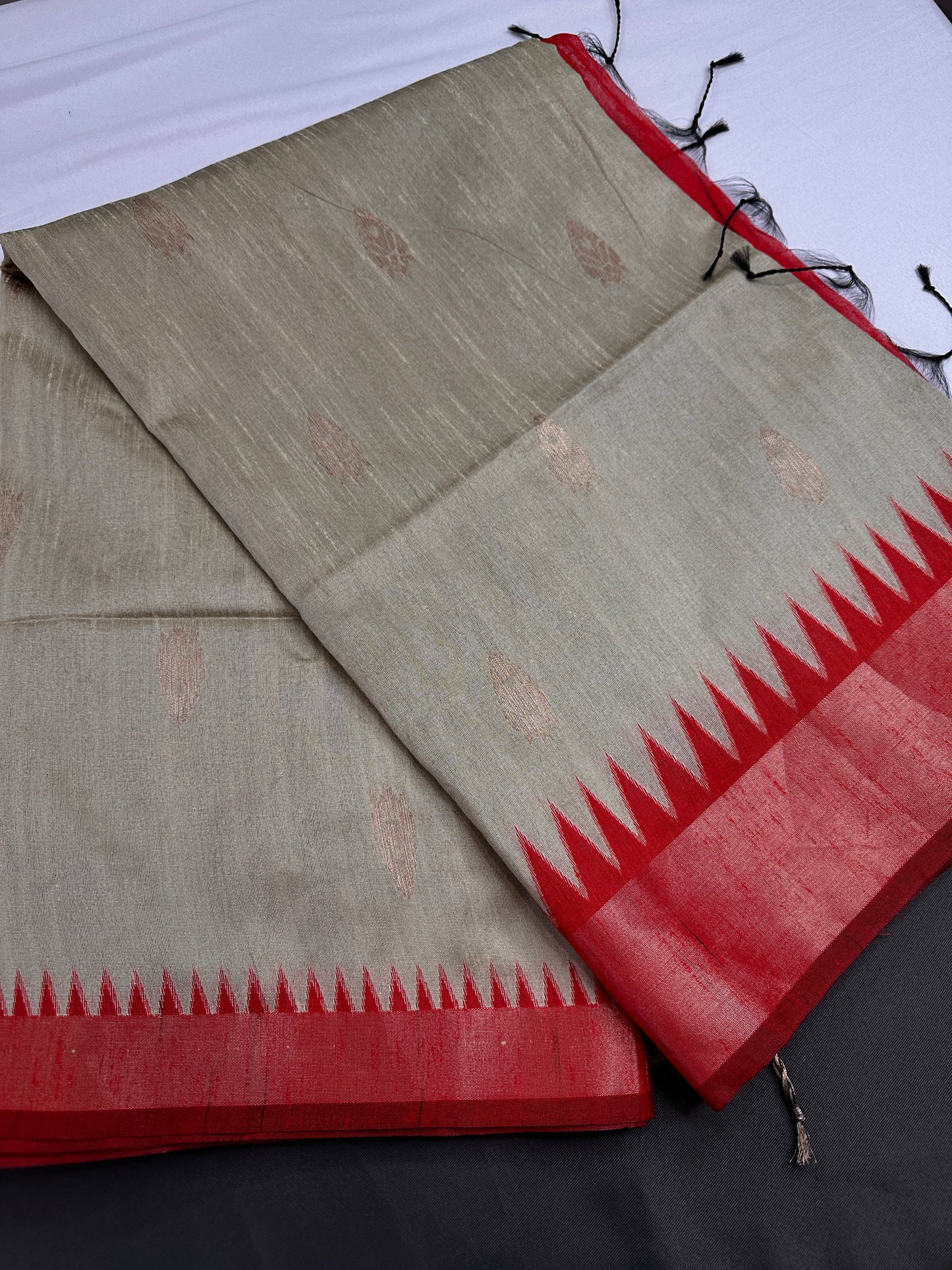Beige Red Khadi Silk Saree