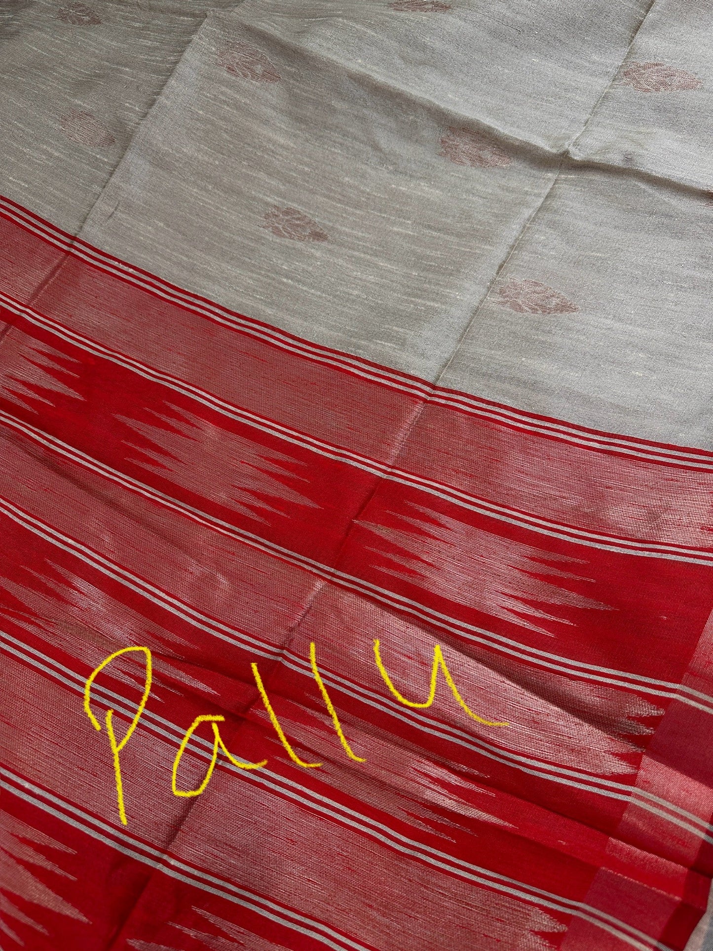 Beige Red Khadi Silk Saree