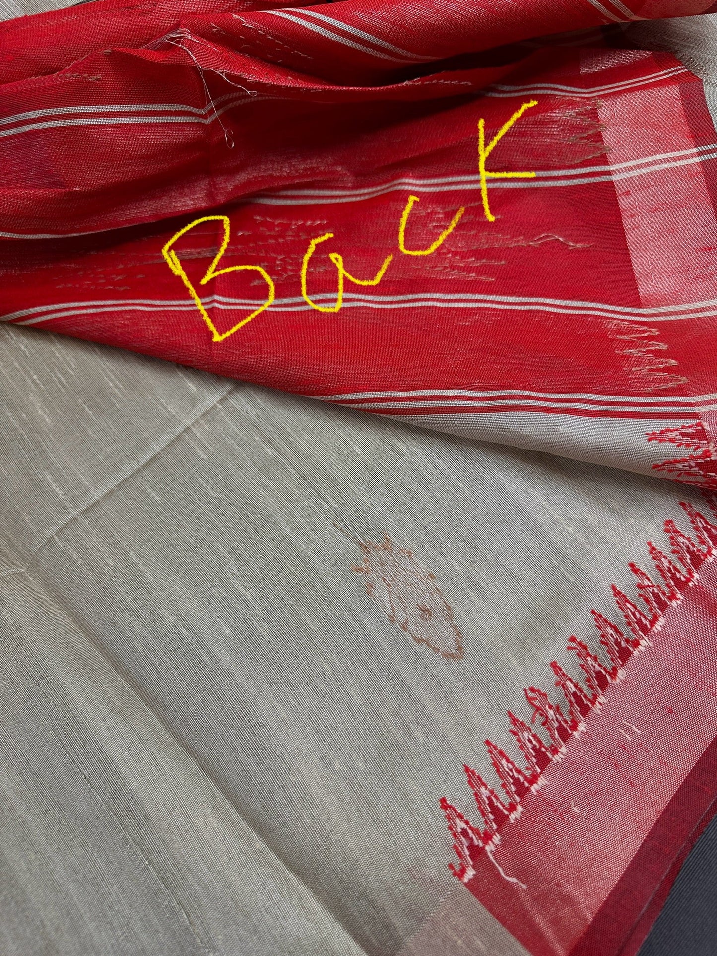Beige Red Khadi Silk Saree