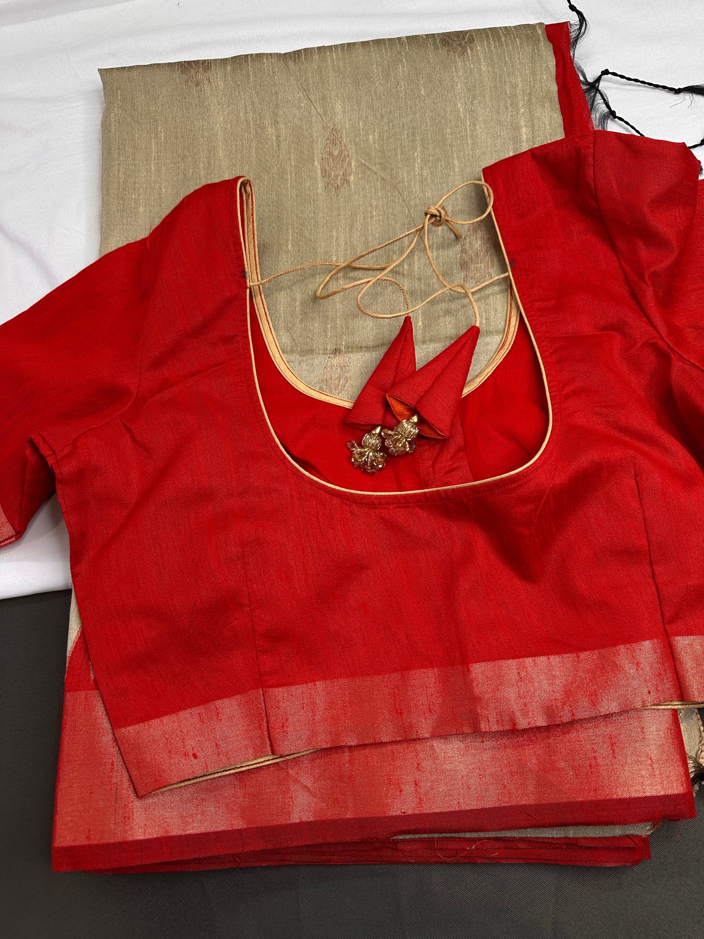 Beige Red Khadi Silk Saree