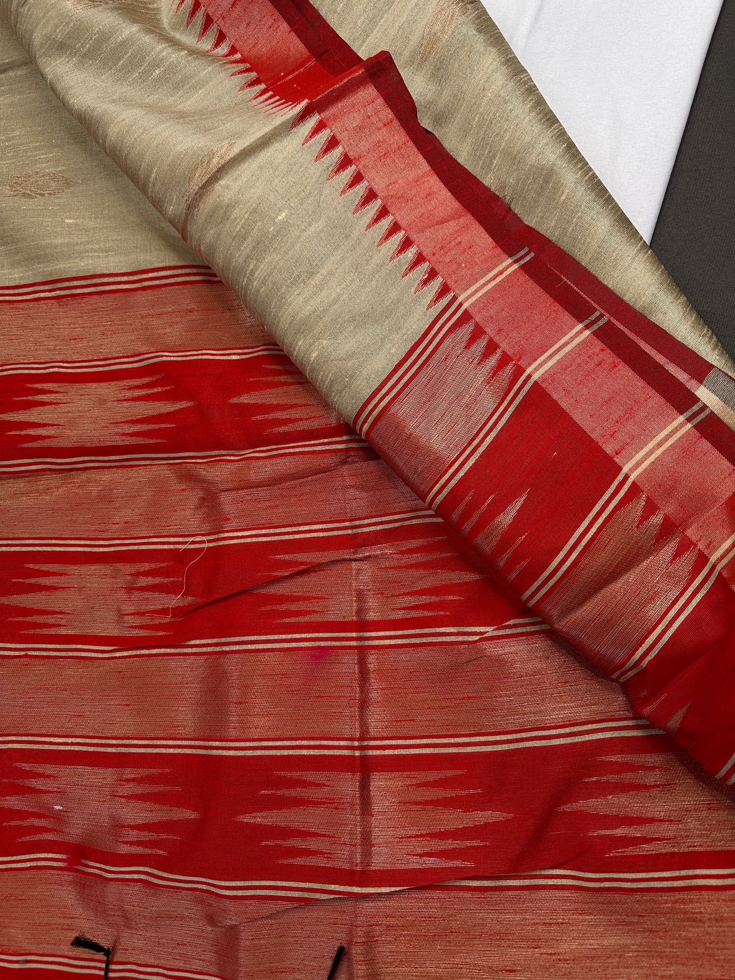 Beige Red Khadi Silk Saree