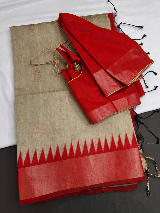 Beige Red Khadi Silk Saree