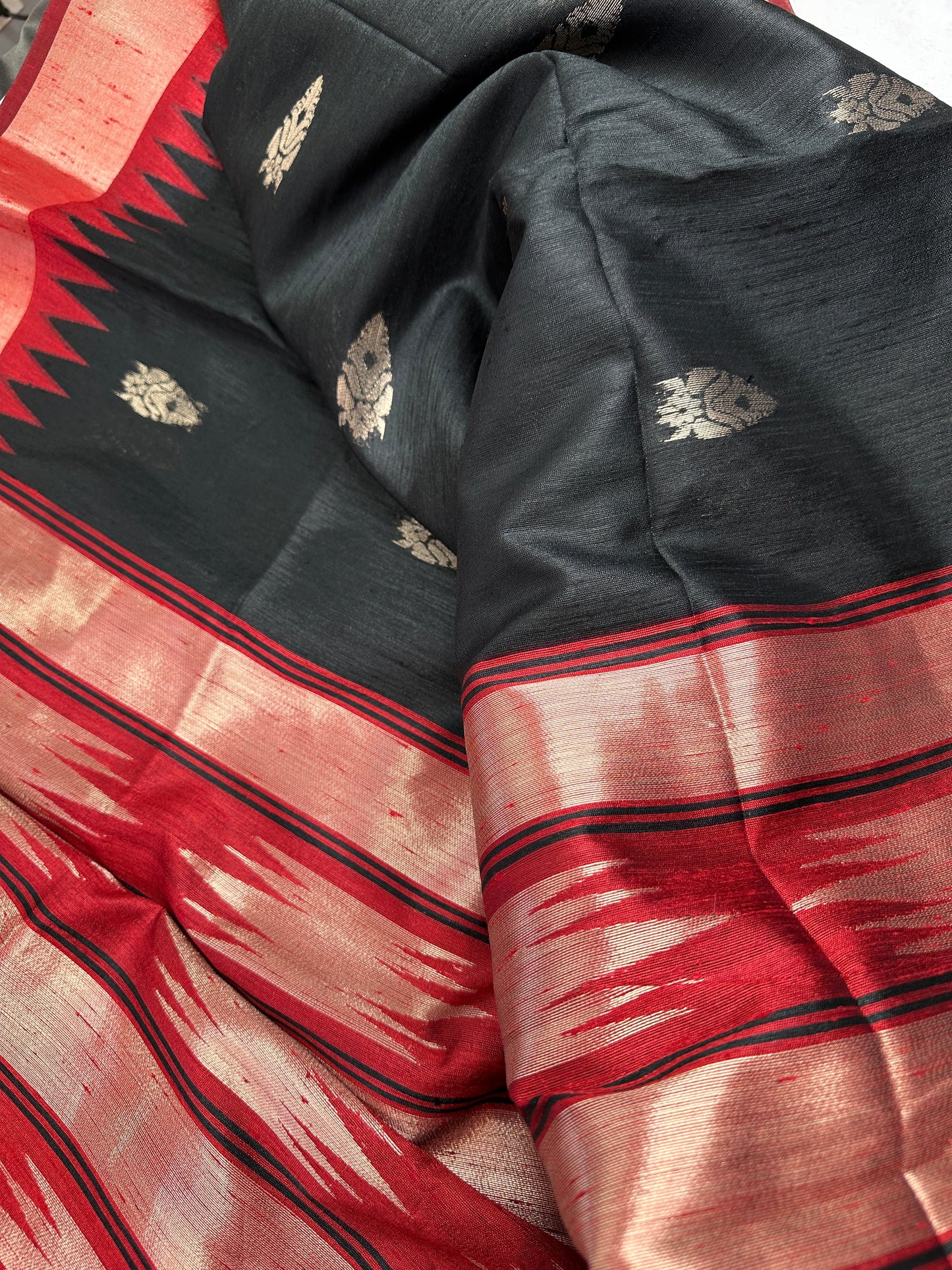 Black Red Khadi Silk Saree