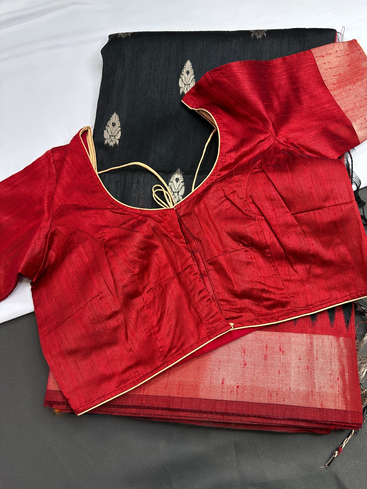 Black Red Khadi Silk Saree