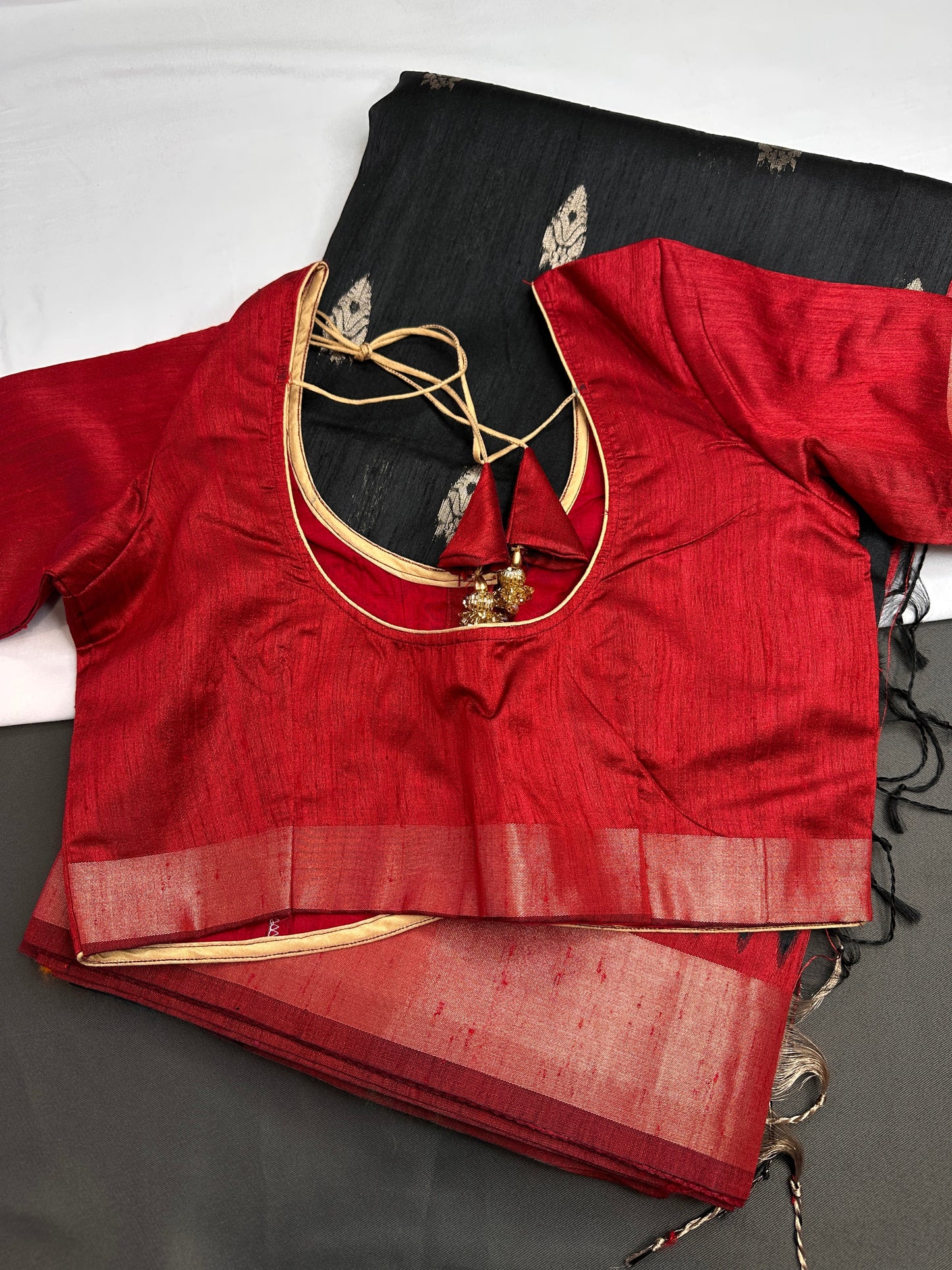 Black Red Khadi Silk Saree