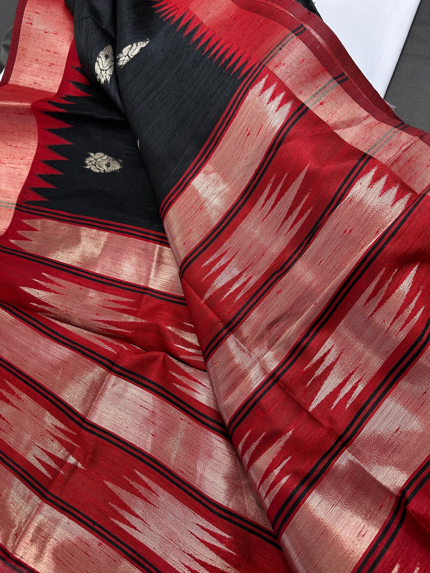 Black Red Khadi Silk Saree