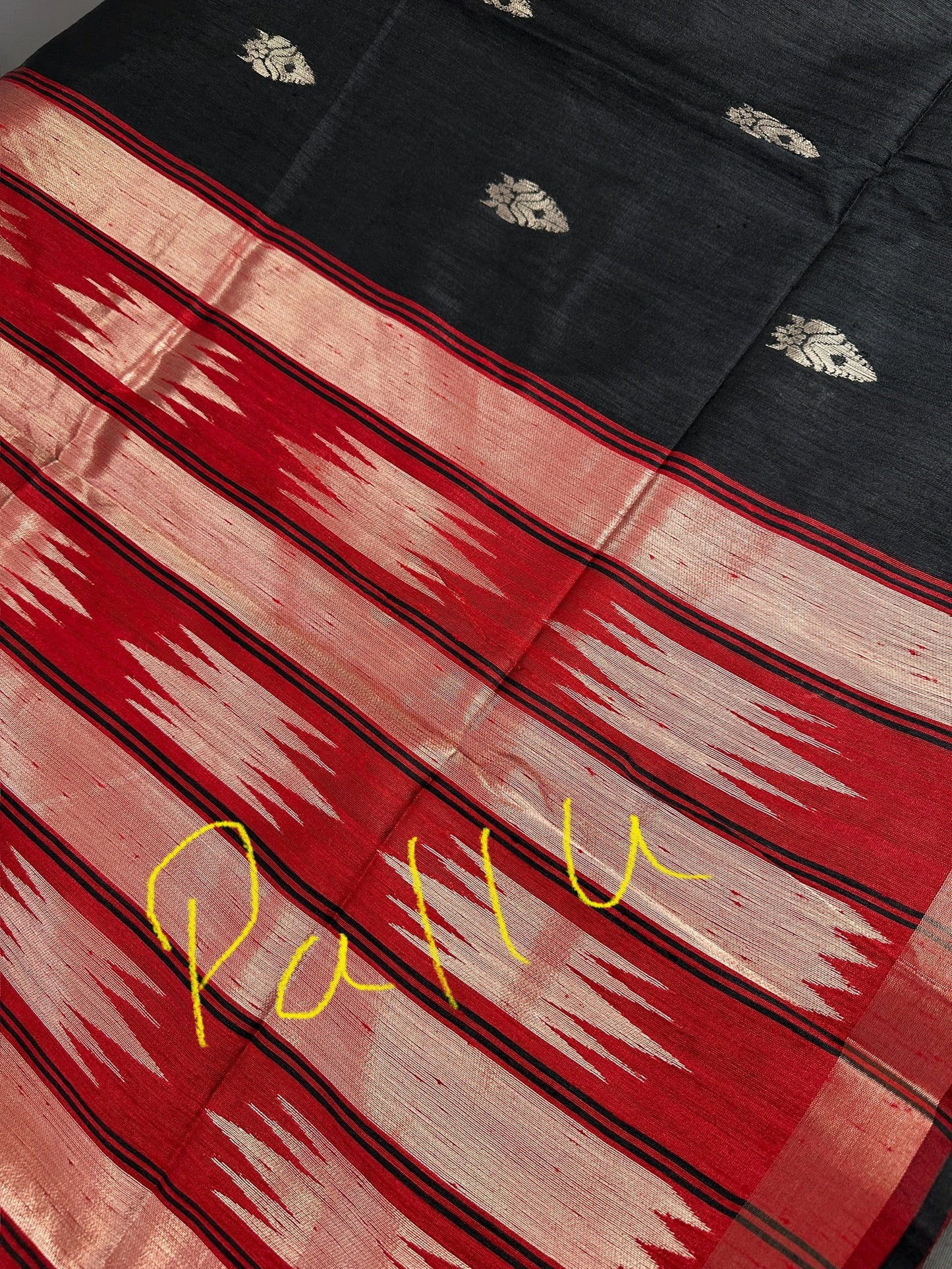 Black Red Khadi Silk Saree