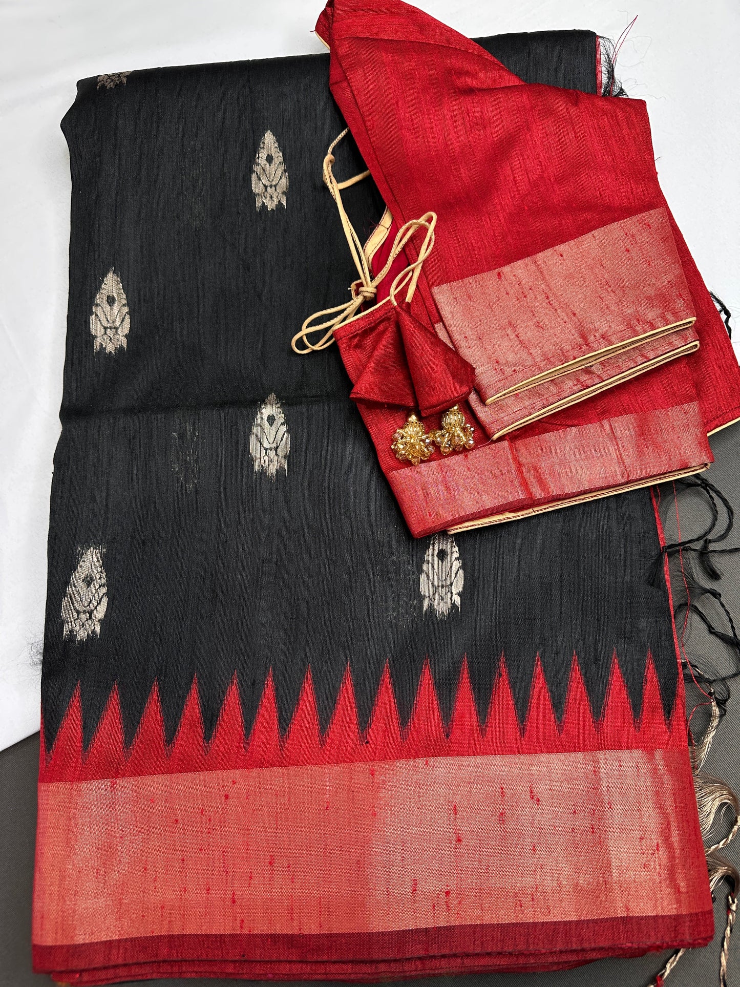 Black Red Khadi Silk Saree