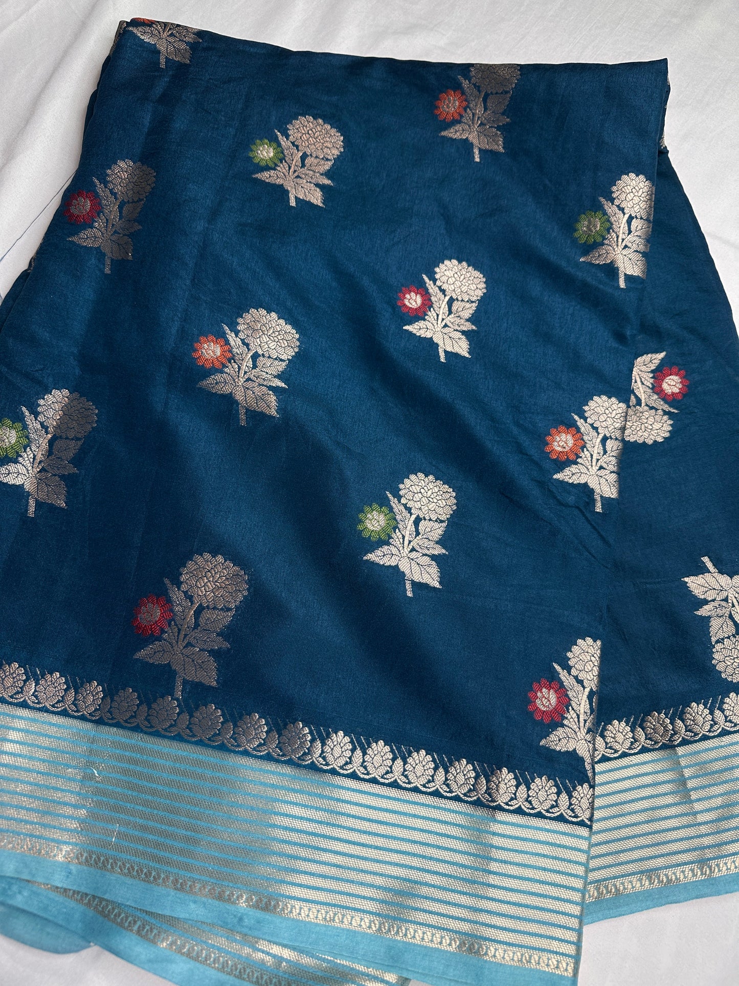 Raw Mango Silk Blue Floral Zari Saree