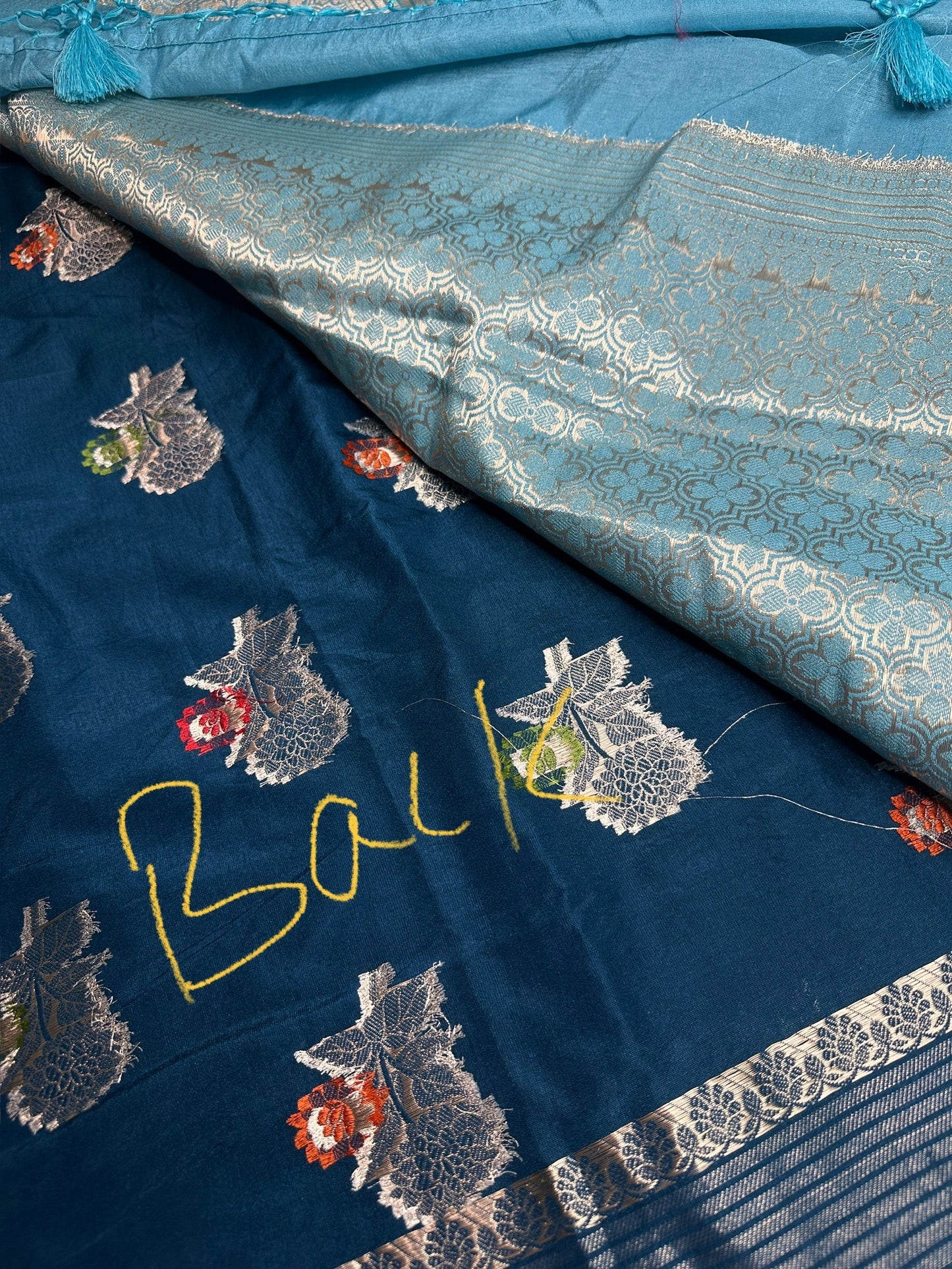 Raw Mango Silk Blue Floral Zari Saree