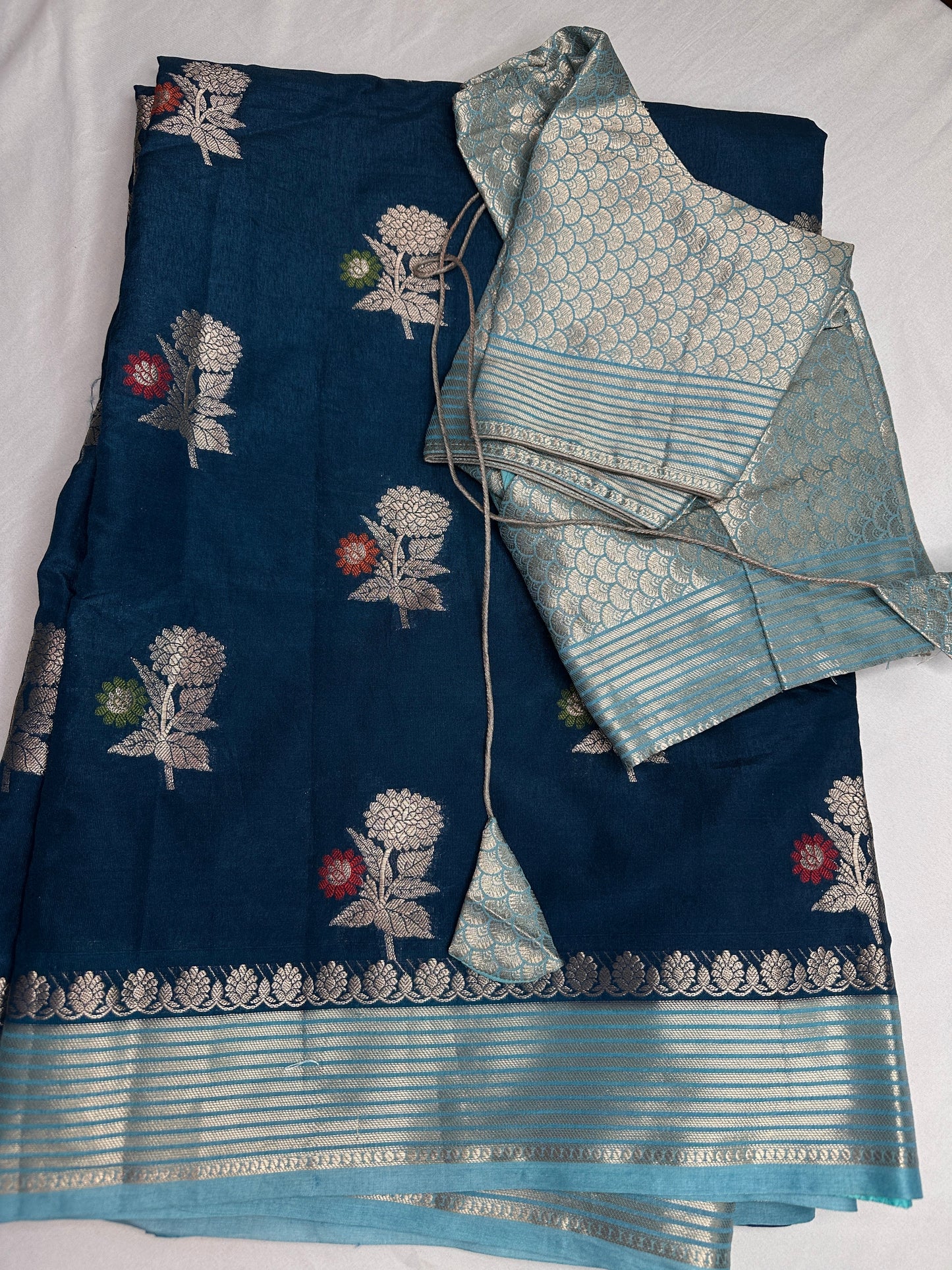 Raw Mango Silk Blue Floral Zari Saree