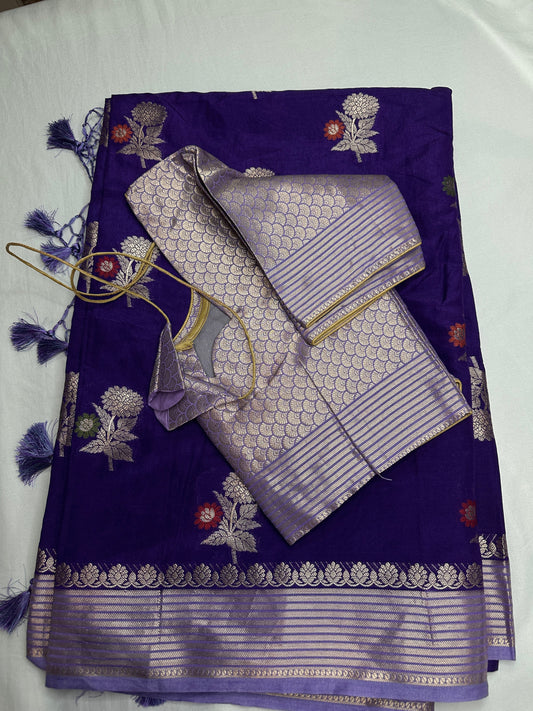 Raw Mango Silk Purple Floral Zari Saree