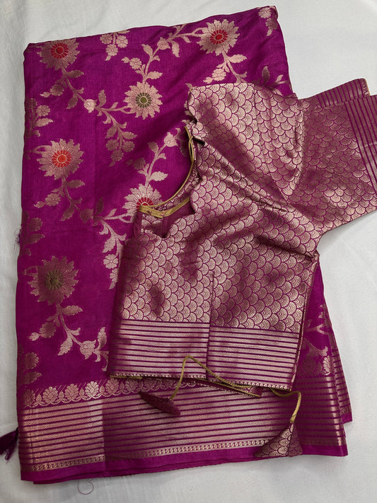 Raw Mango Silk Pink Floral Zari Saree