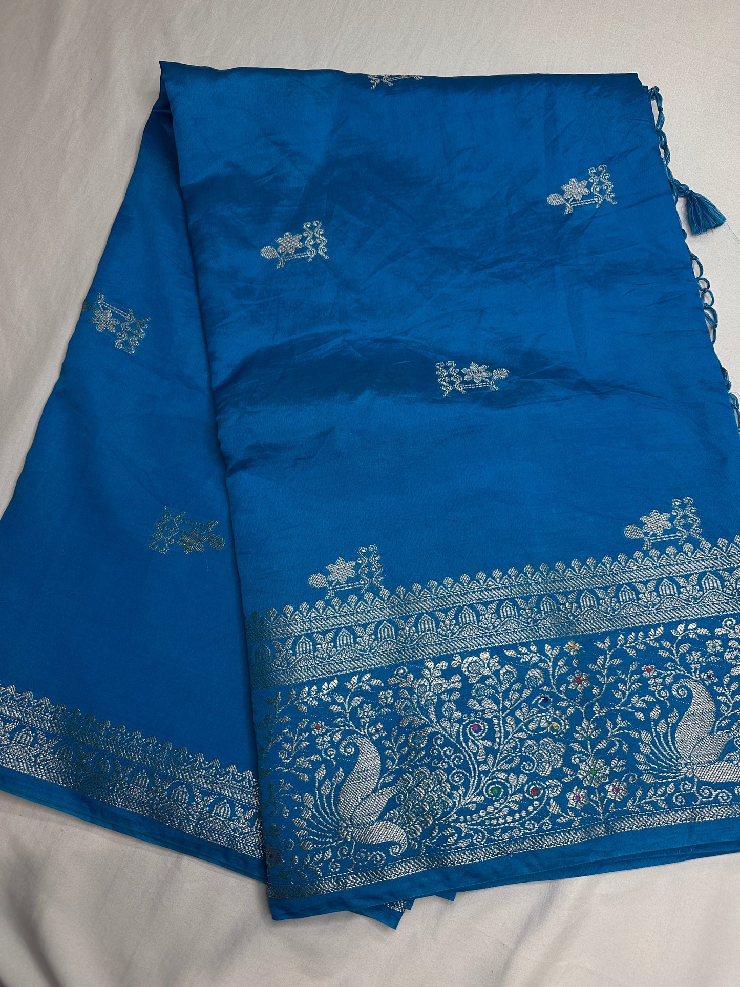 Raw Mango Silk Blue Silver Zari Saree