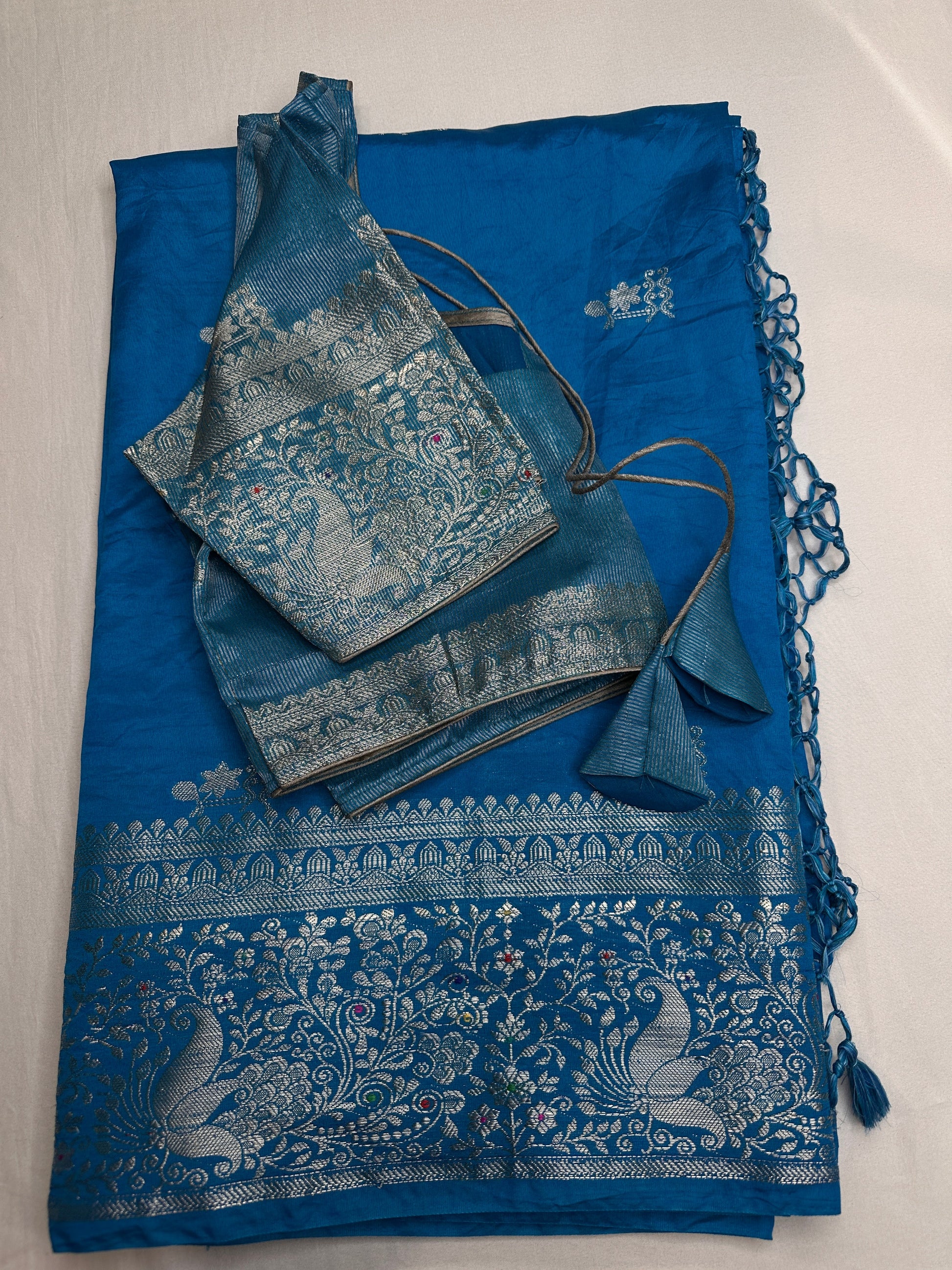 Raw Mango Silk Blue Silver Zari Saree