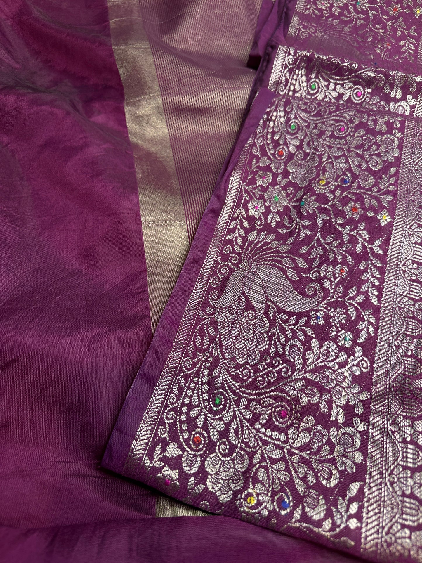 Raw Mango Silk Magenta Silver Zari Saree