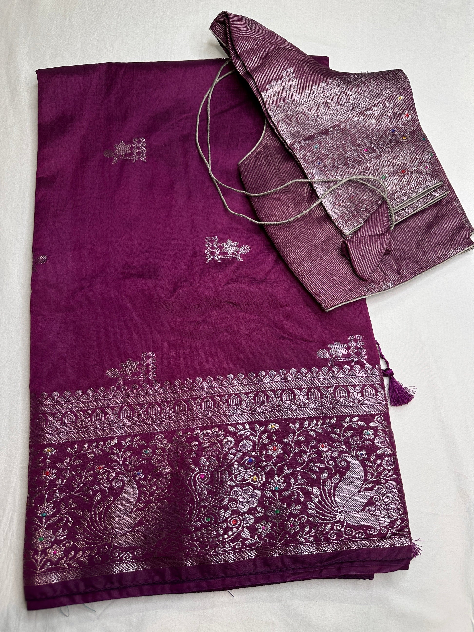 Raw Mango Silk Magenta Silver Zari Saree