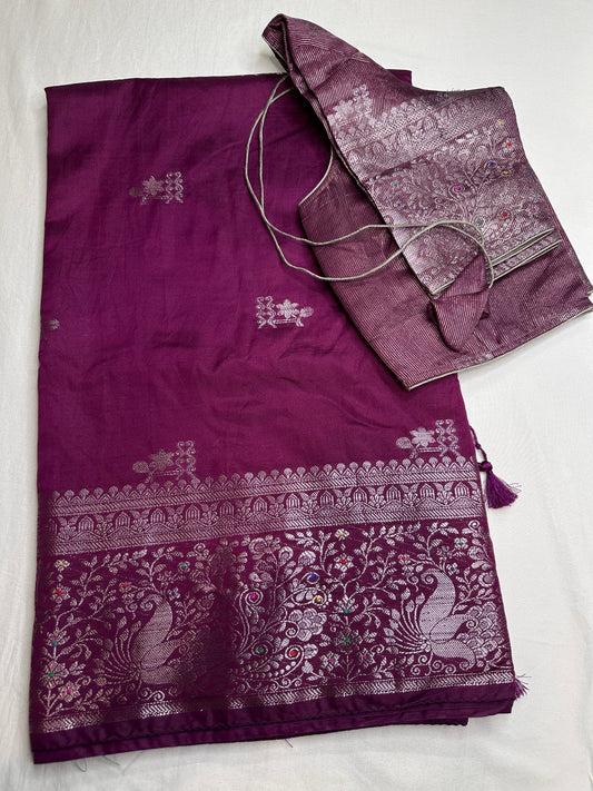 Raw Mango Silk Magenta Silver Zari Saree
