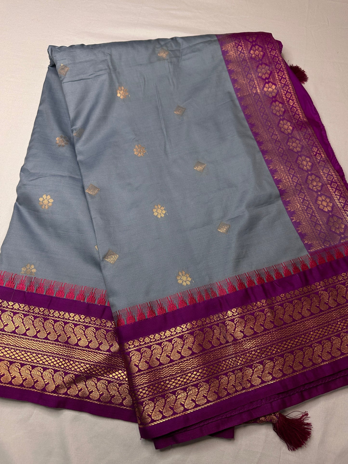 Semi Gadwal Silk Grey Purple Saree