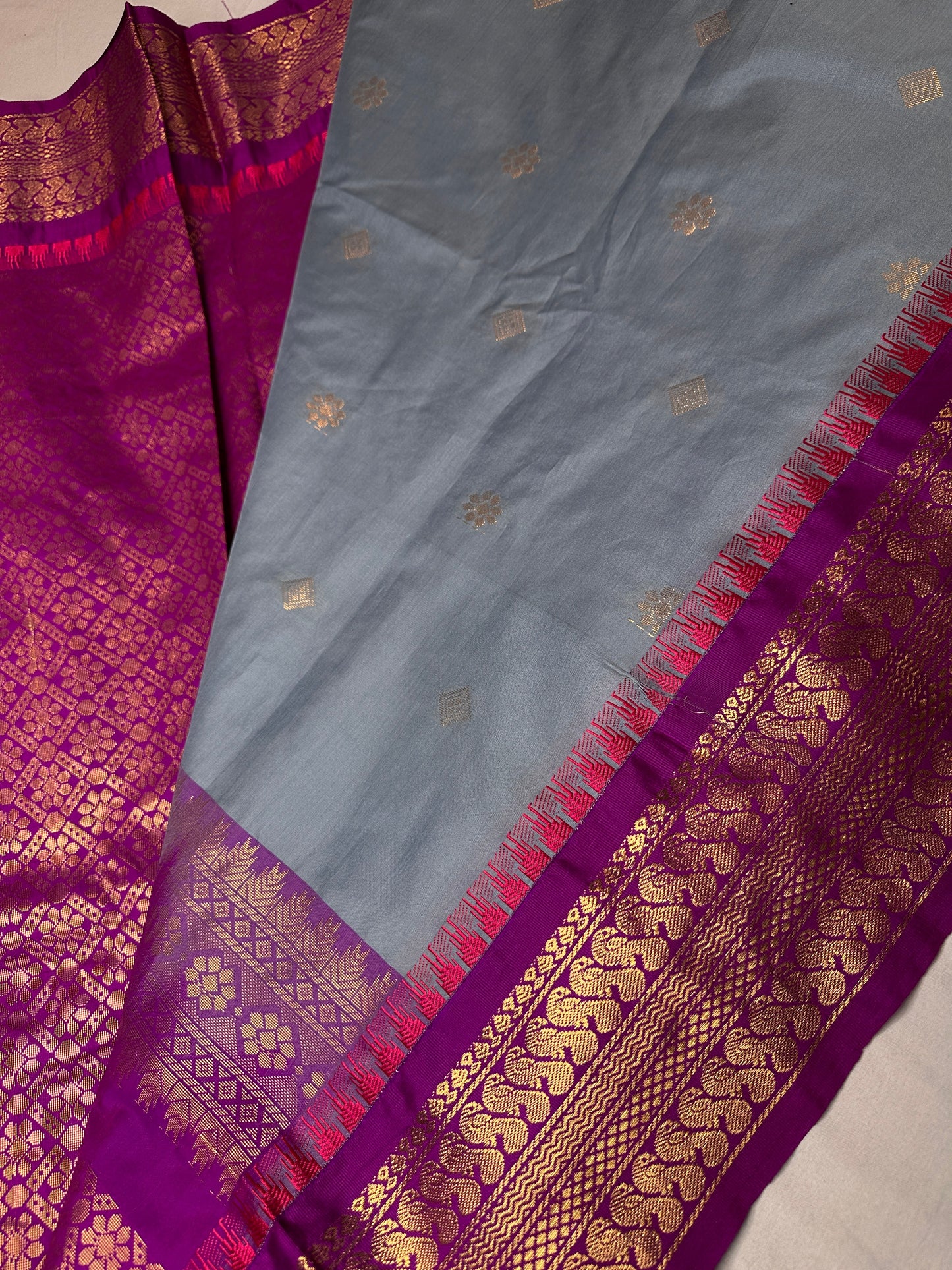Semi Gadwal Silk Grey Purple Saree
