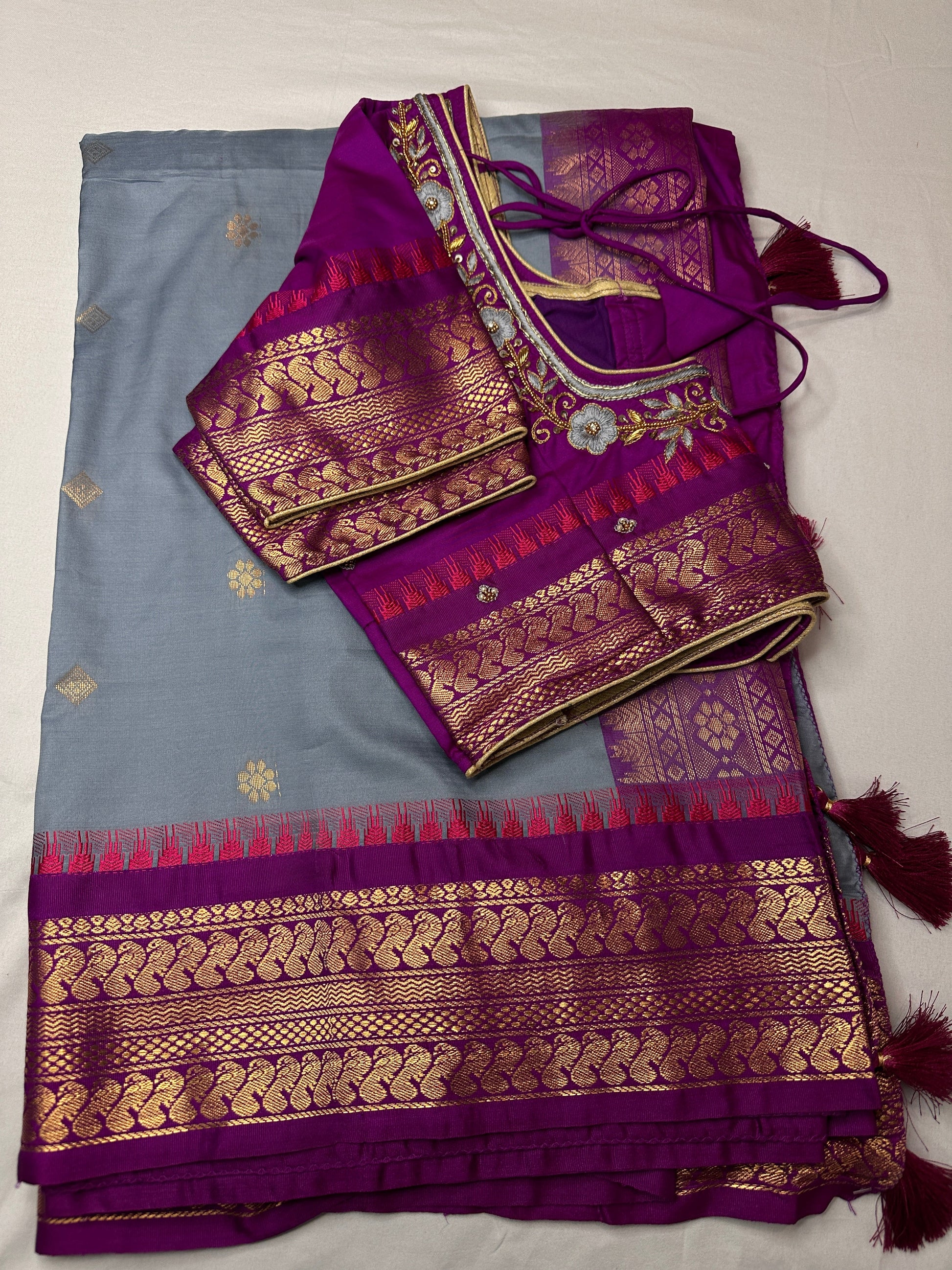 Semi Gadwal Silk Grey Purple Saree