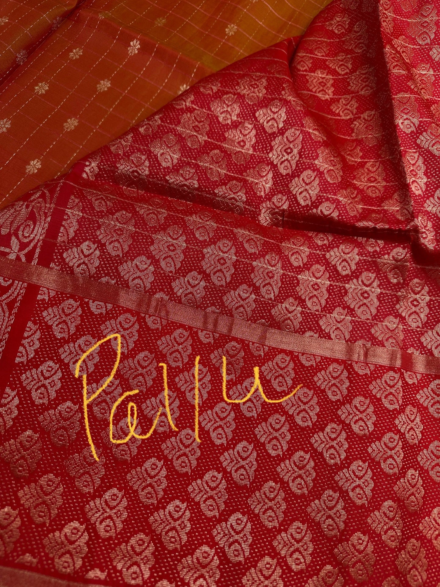 Mustard Yellow Red Semi Uppada Silk Butta Saree