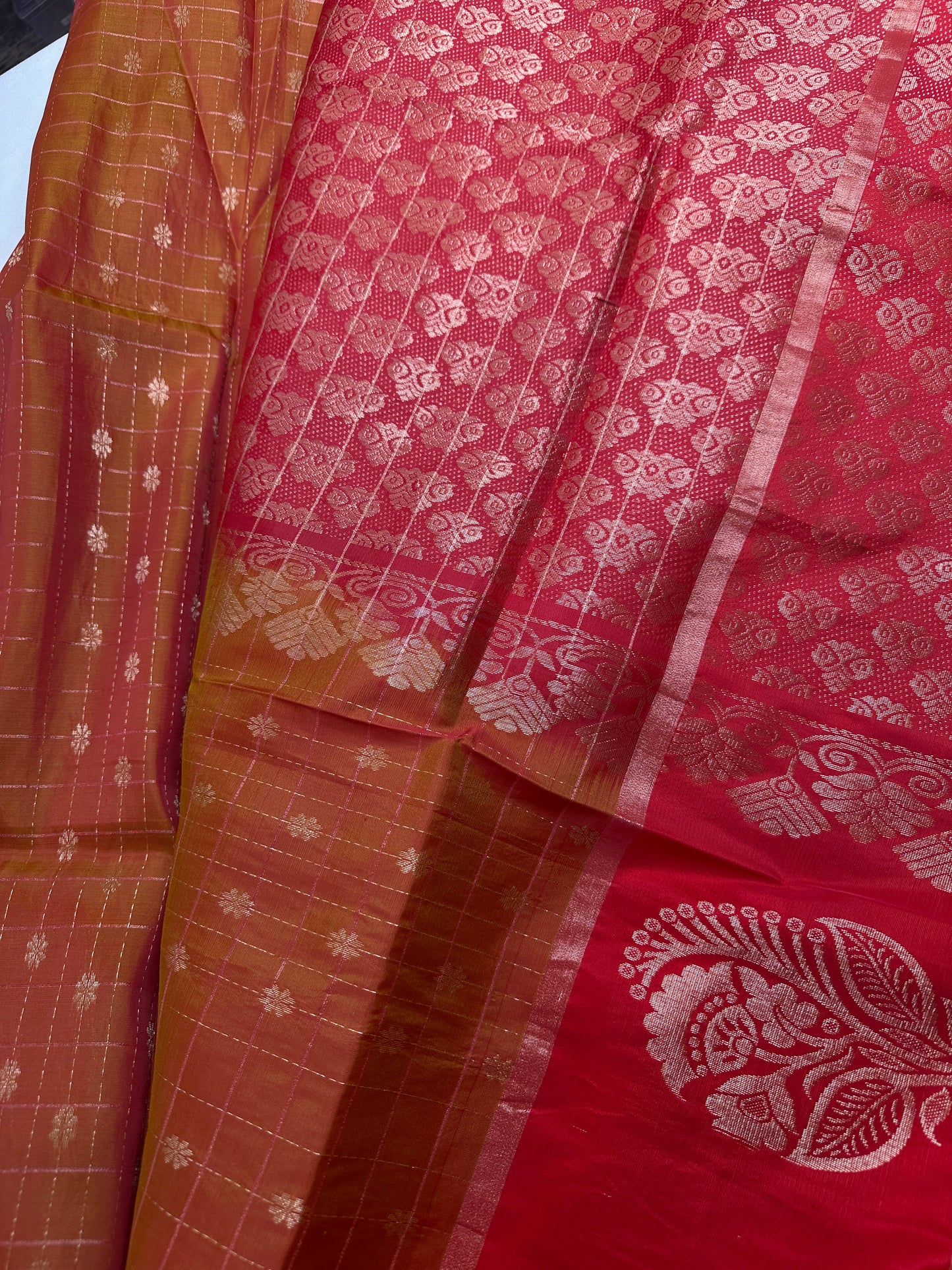 Mustard Yellow Red Semi Uppada Silk Butta Saree
