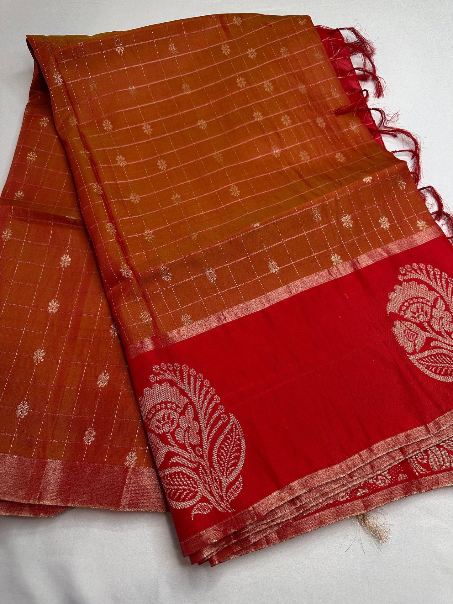 Mustard Yellow Red Semi Uppada Silk Butta Saree