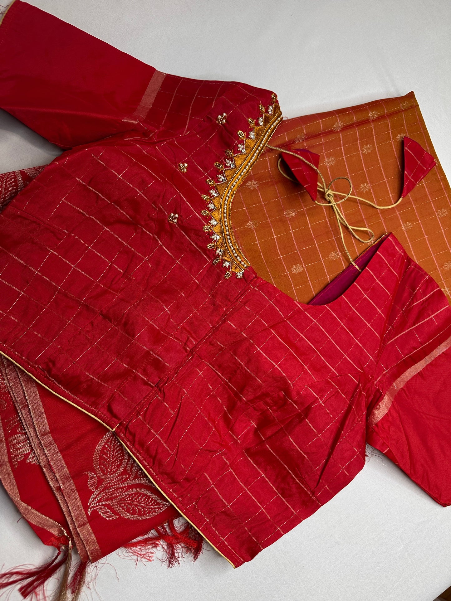 Mustard Yellow Red Semi Uppada Silk Butta Saree