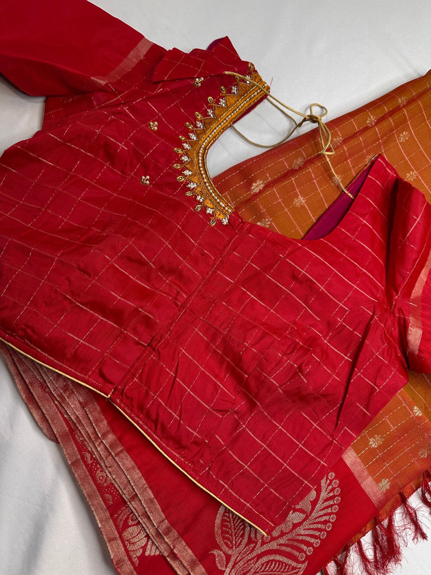 Mustard Yellow Red Semi Uppada Silk Butta Saree