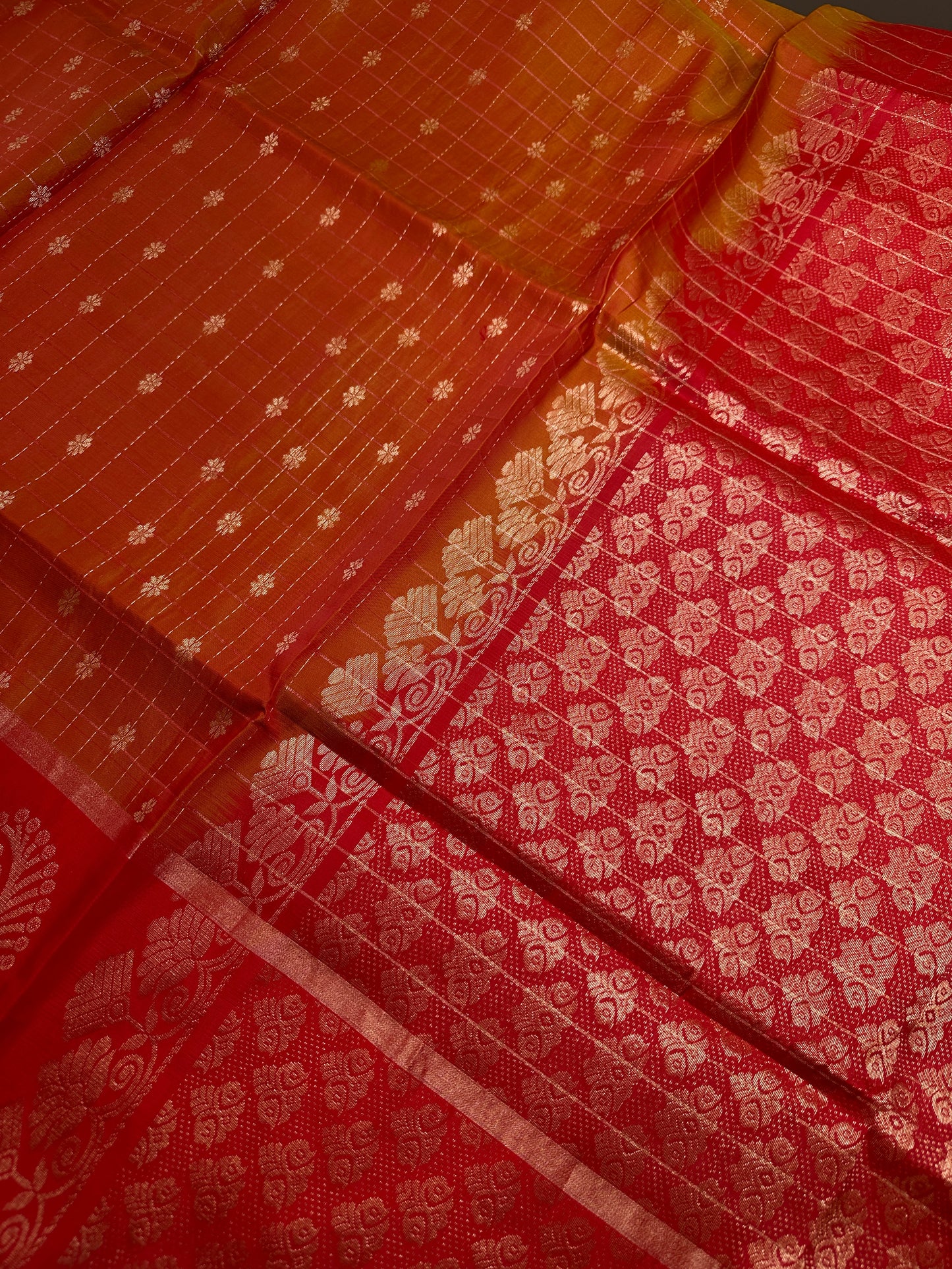 Mustard Yellow Red Semi Uppada Silk Butta Saree