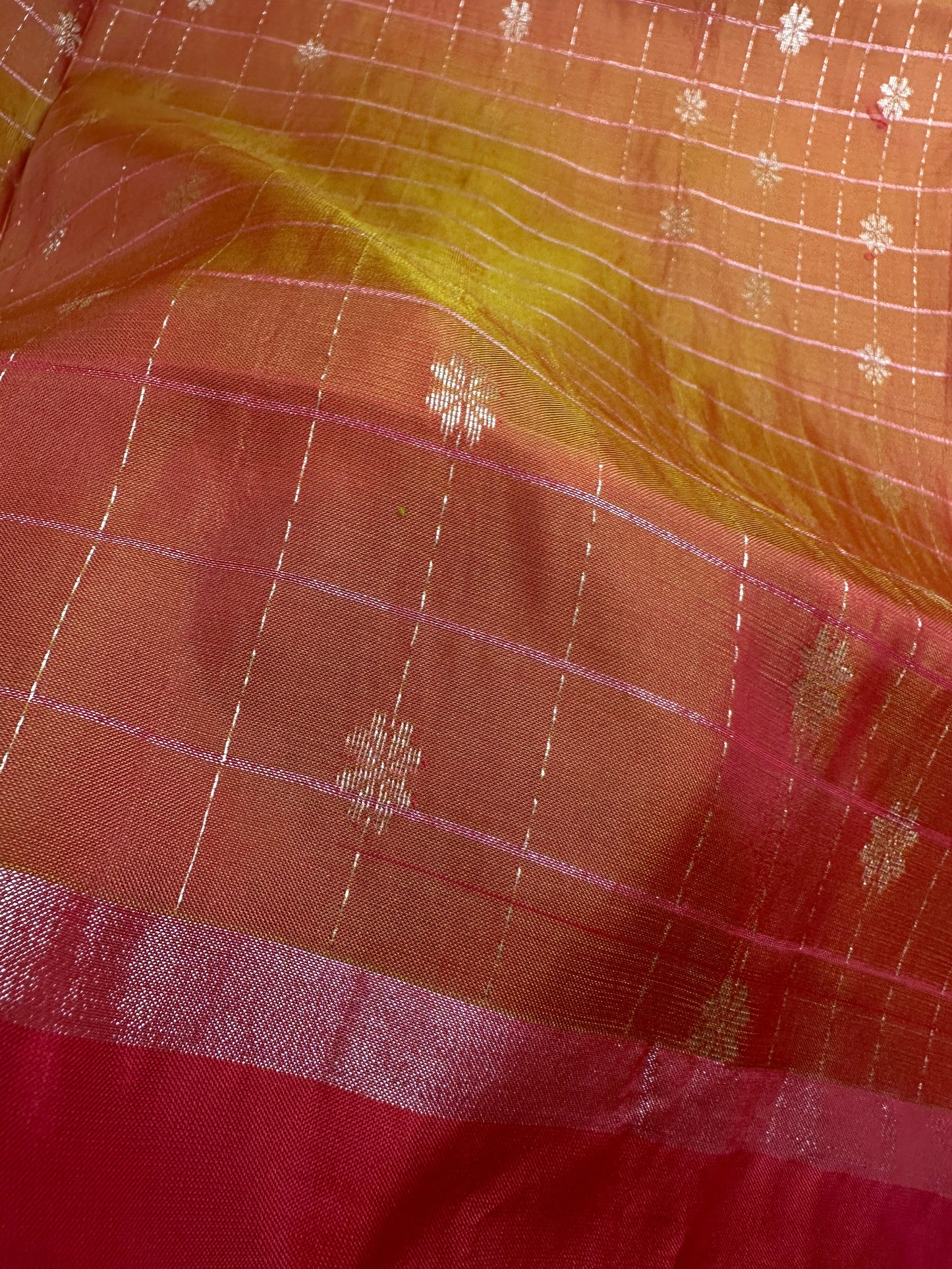 Mustard Yellow Red Semi Uppada Silk Butta Saree