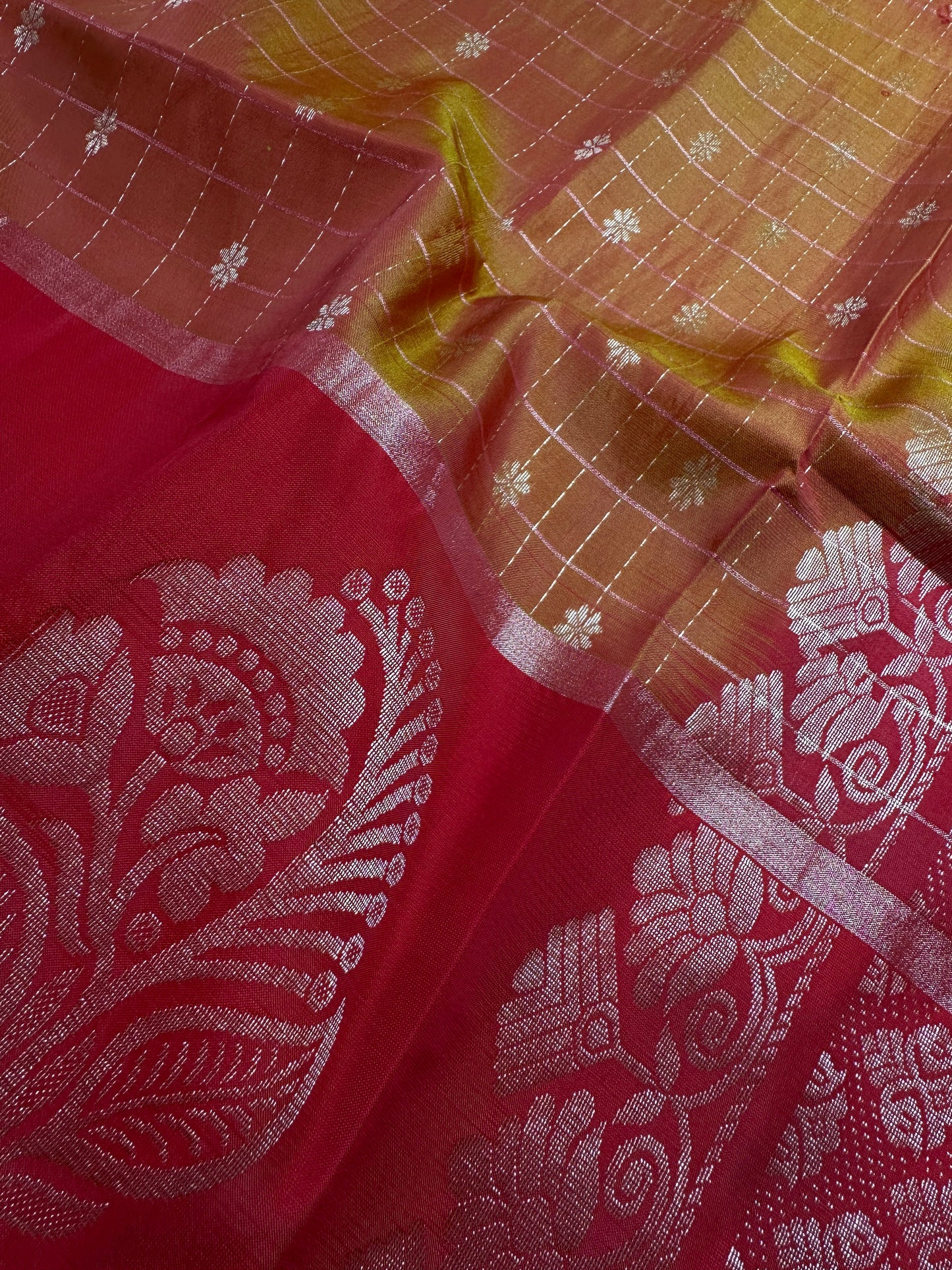 Mustard Yellow Red Semi Uppada Silk Butta Saree