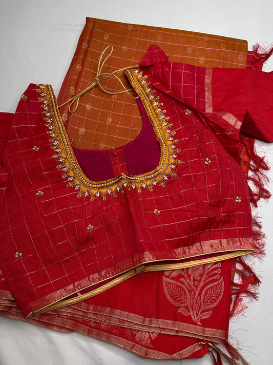 Mustard Yellow Red Semi Uppada Silk Butta Saree