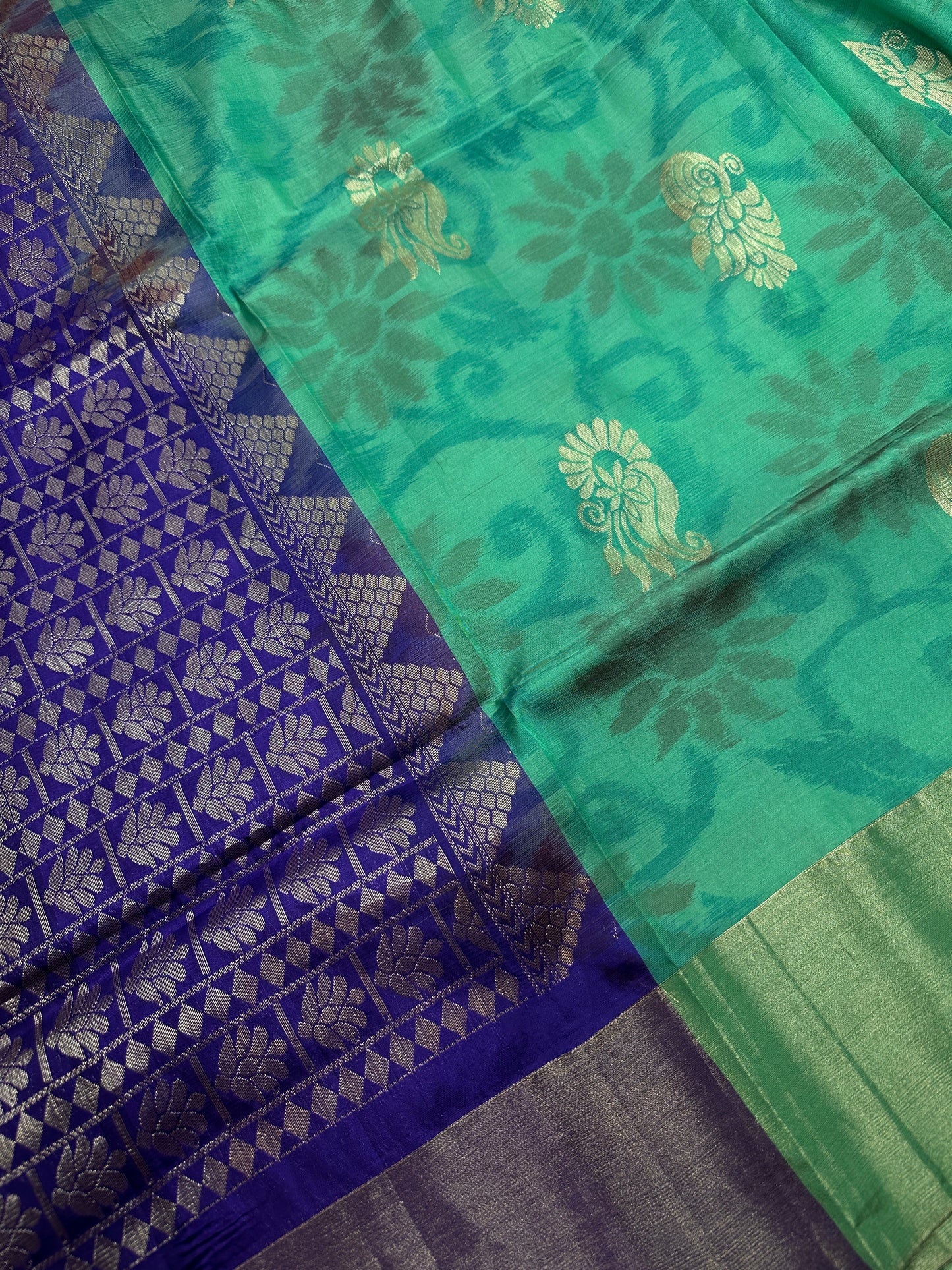 Green Blue Semi Uppada Silk Butta Saree