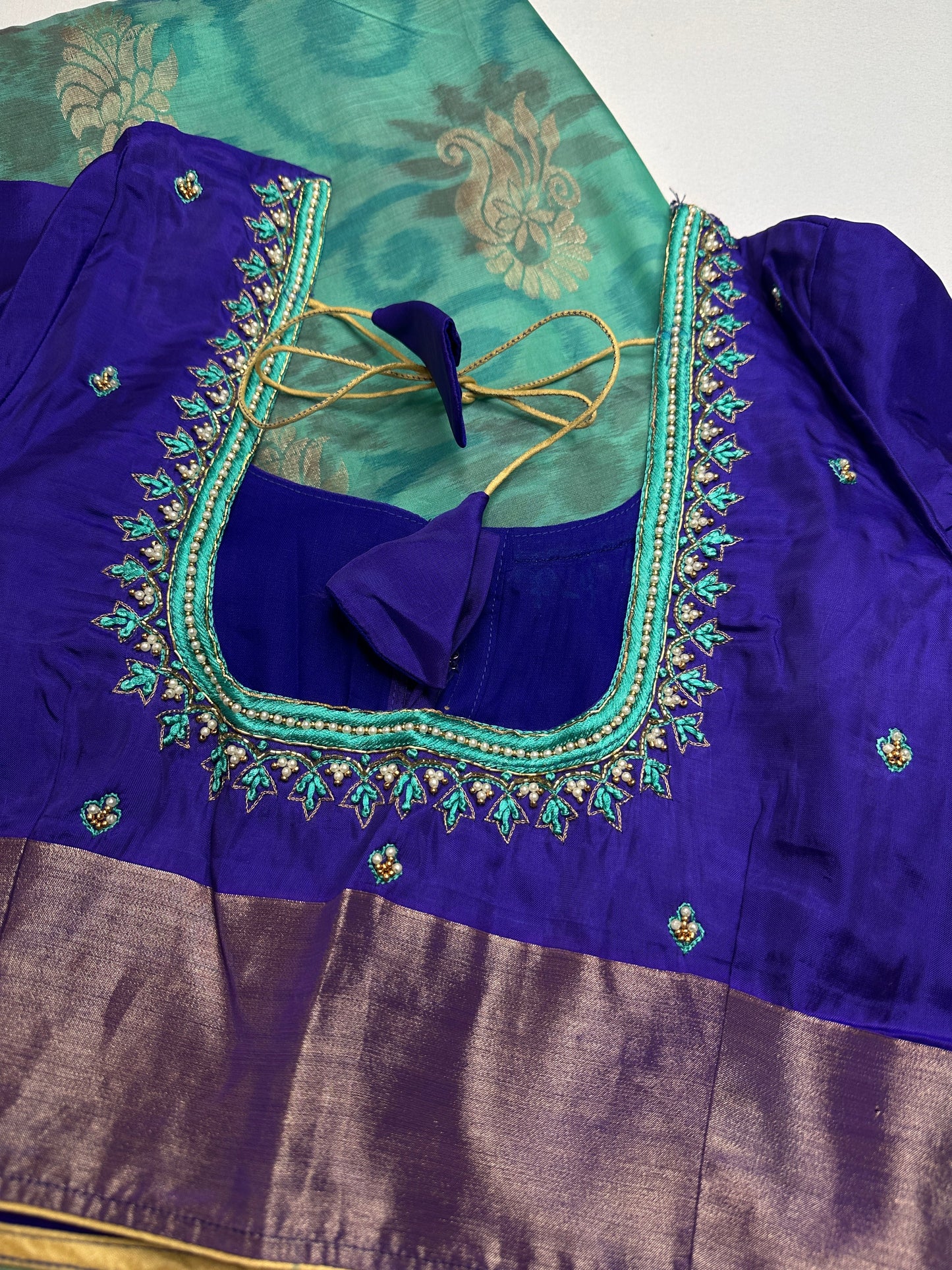 Green Blue Semi Uppada Silk Butta Saree